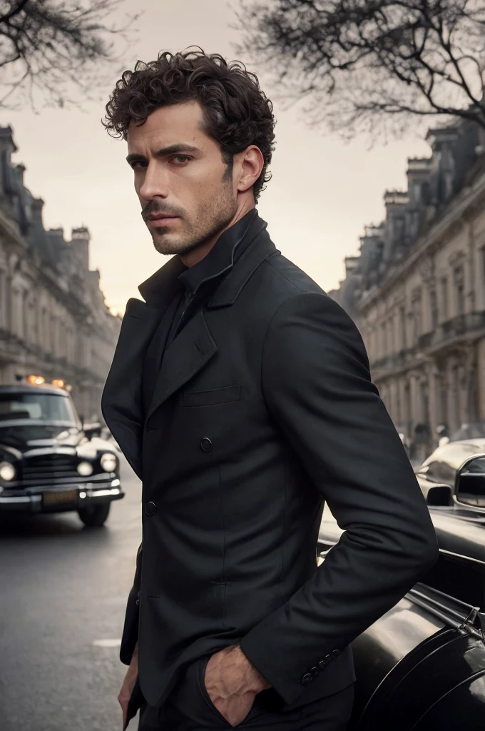 todo el cuerpo, Foto gran angular retrato de primer plano del cuerpo de un hombre guapo , Alto y en forma, (40 years:1.1), (afeitado:1.2) , (short curly brown hair:1.2),(Pelo corto:1.3). Tight dark brown velvet suit, (La chaqueta tiene estampados de flores negras.:1.2). (posing outside the mansion with a luxury car:1.1), Busy street with cafes in the distance., Cold and dark evening at dusk, (luz de borde:1.1),(Concentrez-vous sur les yeux), (mirada enojada), (luz dura en la piel:1.2), (ombres dures, Dark theme, Contraste profond:1.1), (portrait photography by Annie Liebovitz), Dark Mint Theme and Coral Aesthetic., (imperfecciones de la piel)