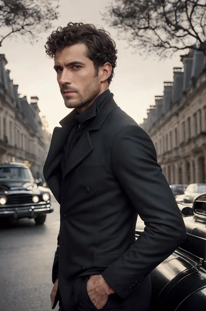 todo el cuerpo, Foto gran angular retrato de primer plano del cuerpo de un hombre guapo , Alto y en forma, (40 years:1.1), (afeitado:1.2) , (short curly brown hair:1.2),(Pelo corto:1.3). Tight dark brown velvet suit, (La chaqueta tiene estampados de flores negras.:1.2). (posing outside the mansion with a luxury car:1.1), Busy street with cafes in the distance., Cold and dark evening at dusk, (luz de borde:1.1),(Concentrez-vous sur les yeux), (mirada enojada), (luz dura en la piel:1.2), (ombres dures, Dark theme, Contraste profond:1.1), (portrait photography by Annie Liebovitz), Dark Mint Theme and Coral Aesthetic., (imperfecciones de la piel)