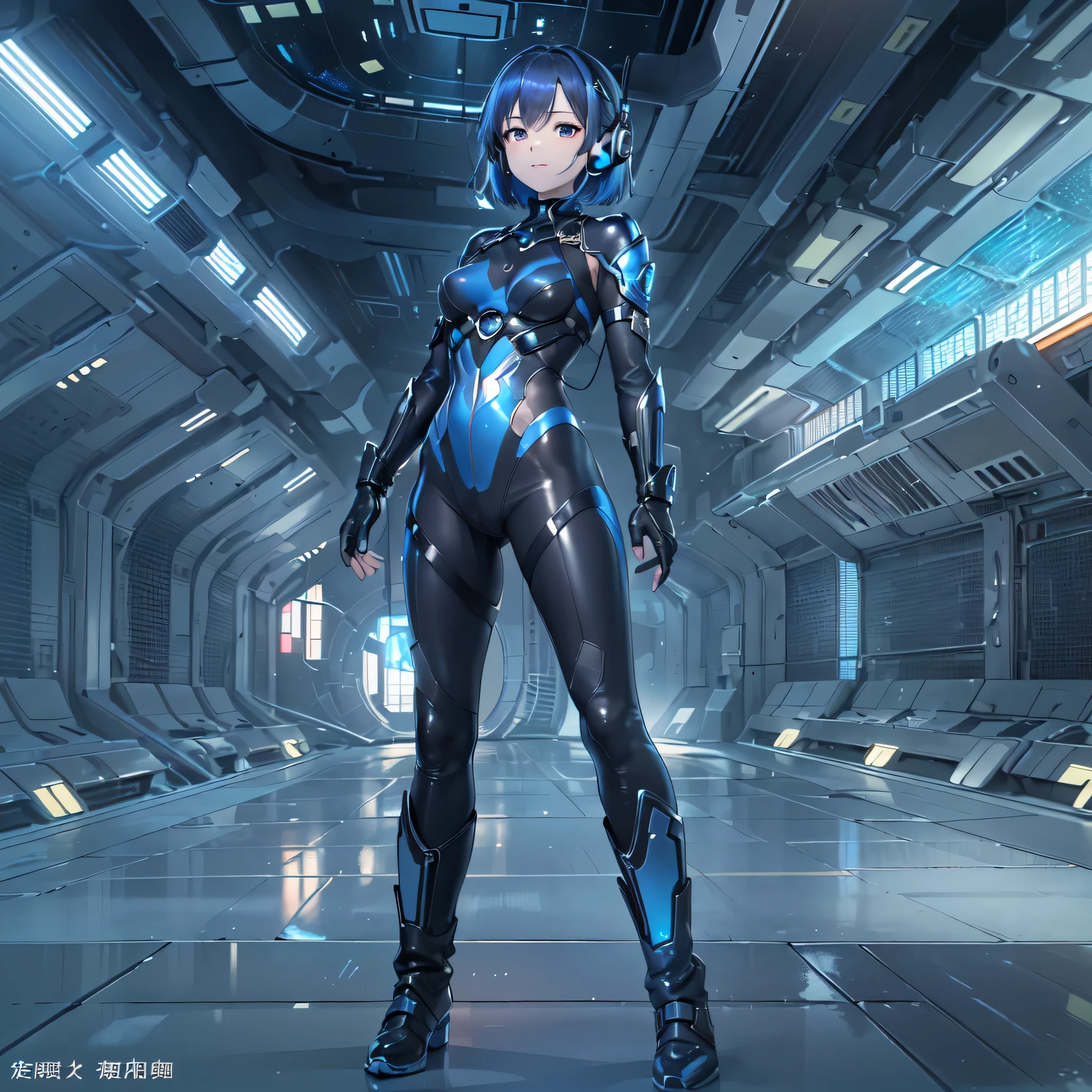 (masterpiece、highest quality、highest resolution、clear_image、detailed details、Angle from above): (full body figure、One 20 year old girl、Japanese faces、small face、Slender、Navy blue super short bob cut hair、(hidden small breasts:1.3)、sparkling blue eyes、Shiny pilot suit in blue and black colors、armor that protects the chest、tight fitting clothes、clothes that cover the whole body、shiny clothes、tight fit pants、hide the skin、very delicate and beautiful、detailed skin、hide thighs、hide your butt、cute type、gentle smile、soft expression、heroine、headset、Knee-high boots、gloves up to the elbow、eye level shot、facing directly、woman on a spaceship)