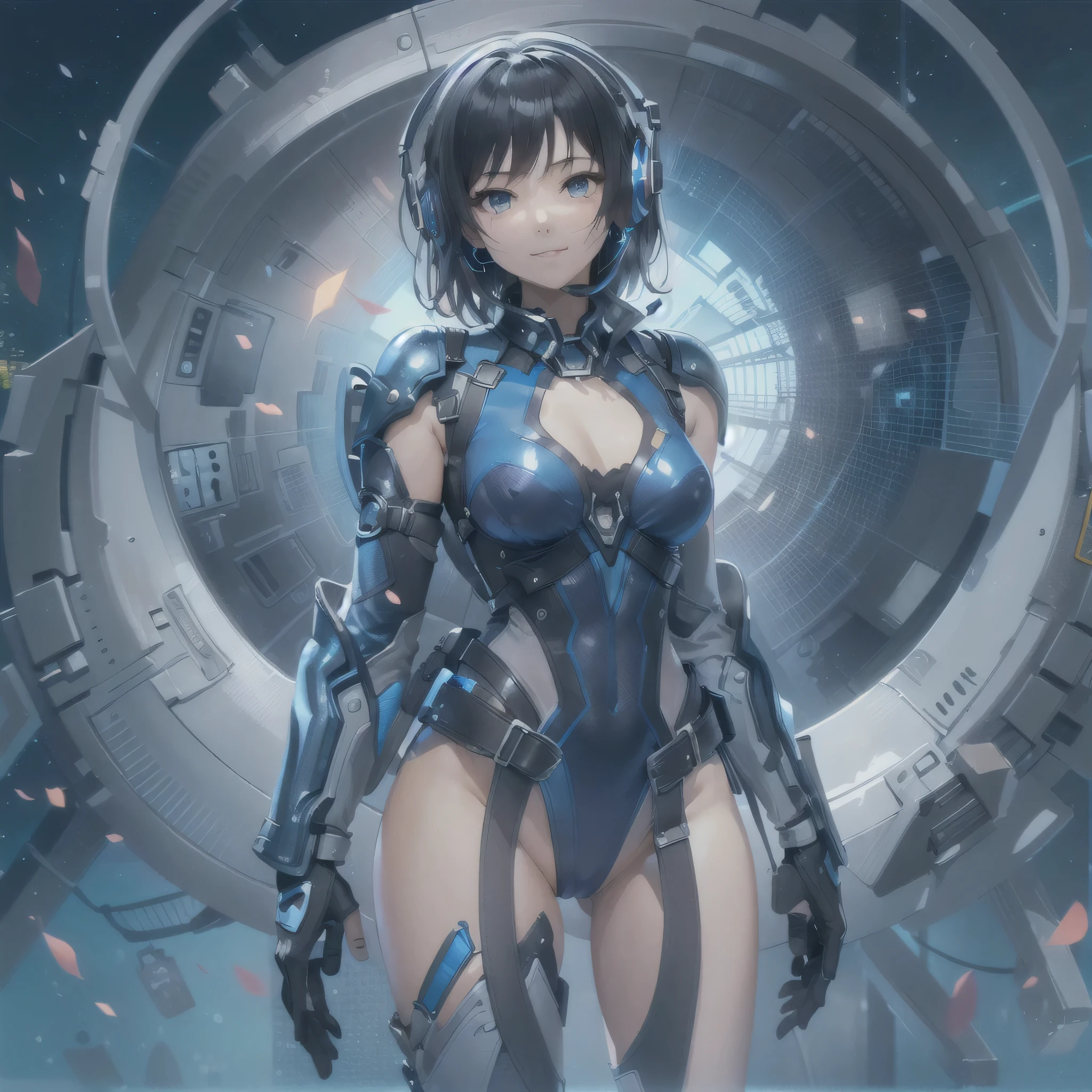 (masterpiece、highest quality、highest resolution、clear_image、detailed details、Angle from above): (full body figure、One 20 year old girl、Japanese faces、small face、Slender、Navy blue super short bob cut hair、(hidden small breasts:1.3)、sparkling blue eyes、Shiny pilot suit in blue and black colors、armor that protects the chest、tight fitting clothes、clothes that cover the whole body、shiny clothes、tight fit pants、hide the skin、very delicate and beautiful、detailed skin、hide thighs、hide your butt、cute type、gentle smile、soft expression、heroine、headset、Knee-high boots、gloves up to the elbow、eye level shot、facing directly、woman on a spaceship)