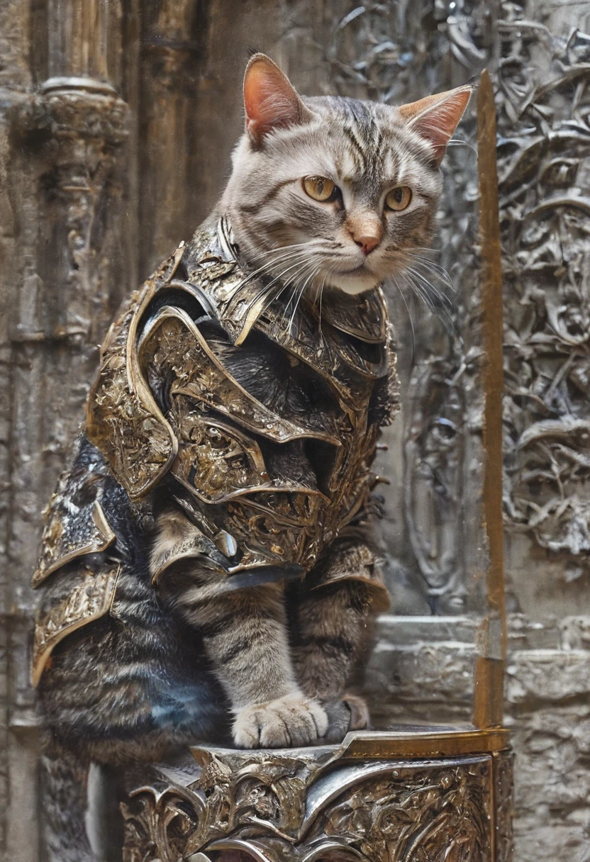 cat Knight, dynamic pose, Movie Still, (masterpiece, best quality, perfect composition, very aesthetic, absurdres, ultra-detailed, intricate details, Professional, official art, Representative work:1.3)