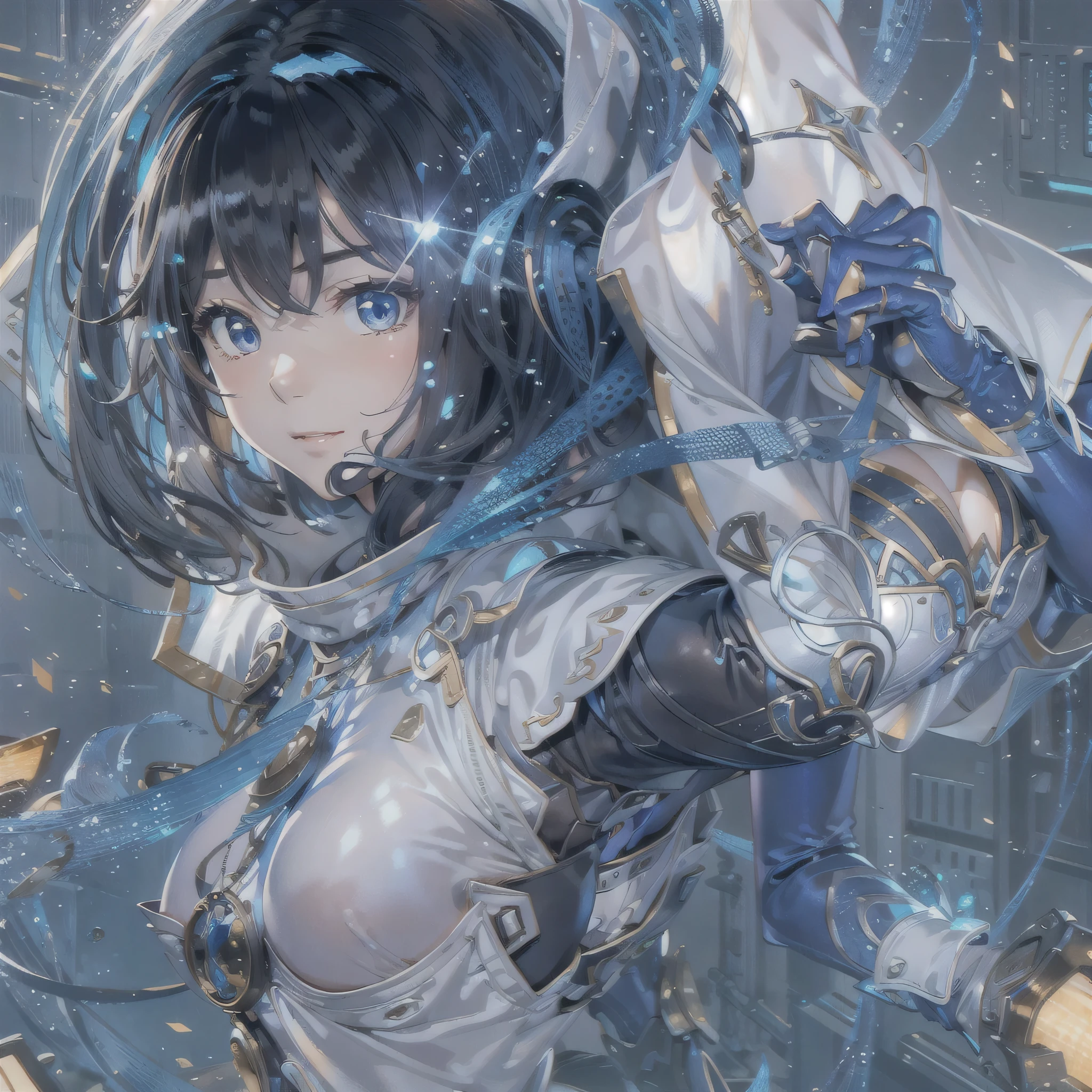 (masterpiece、highest quality、highest resolution、clear_image、detailed details、Angle from above): (full body figure、One 20 year old girl、Japanese faces、small face、Slender、Navy blue super short bob cut hair、(hidden small :1.3)、sparg blue eyes、Shiny pilot suit in blue and black colors、armor that protects the chest、tight fitting clothes、clothes that cover the whole body、shiny clothes、tight fit pants、hide the skin、very delicate and beautiful、detailed skin、hide thighs、hide your butt、cute tgentle smile、soft expression、heroine、headsethigh boots、gloves up to the elbow、eye level shot、facing directly、woman on a spaceship)