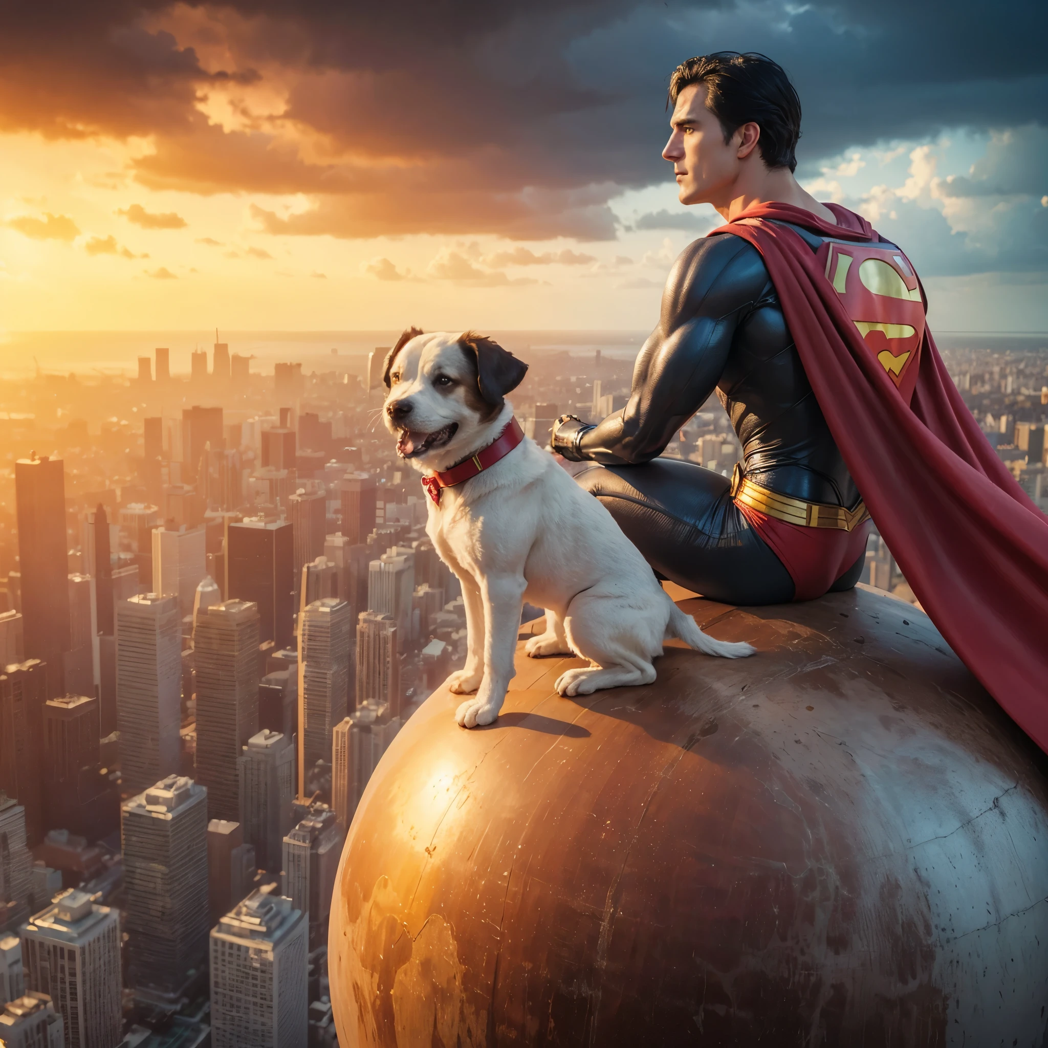 hyper realistic backlight shade backshoot look at horizon, Superman (32-year man, black hair, athletic body, classic comic costume) with Krypto the dog (white dow eith cape) sitting on the giant brown globe that wrote 3d "DAILY PLANET" on its diameter, place on the top of the high building, background dramatic sky, cloud & metropolis cityscape, sharp focus photography, taken with Fujifilm XF 56mm f/1.2 R Lens. HDR10 8K