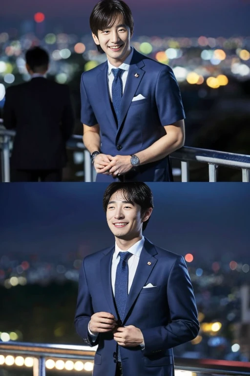 ((on the table:1.4, best quality)), (realistic pictures:1.4), ((1 person30japanese young man)), (ultra high resolution:1.2), Very delicate and handsome, wonderful, Highly detailed CG Unity 8k wallpaper, super detailed, High resolution, soft light, handsome japanese man,Neatly combed suit hair. Highly detailed eyes and faces, Beautifully detailed nose, Beautiful and delicate eyes, (Wear a short-sleeved white shirt.blue tie,Navy blue suit pants),Japanese men, (High gloss details), , Broad shoulders:1.4), movie lighting, perfect anatomy, Slender figure, chest muscles, , (city lights at night:1.4), (outdoor:1.3), (Night view of Tokyo Skytree, Japan), , looking at the audience, Smile.