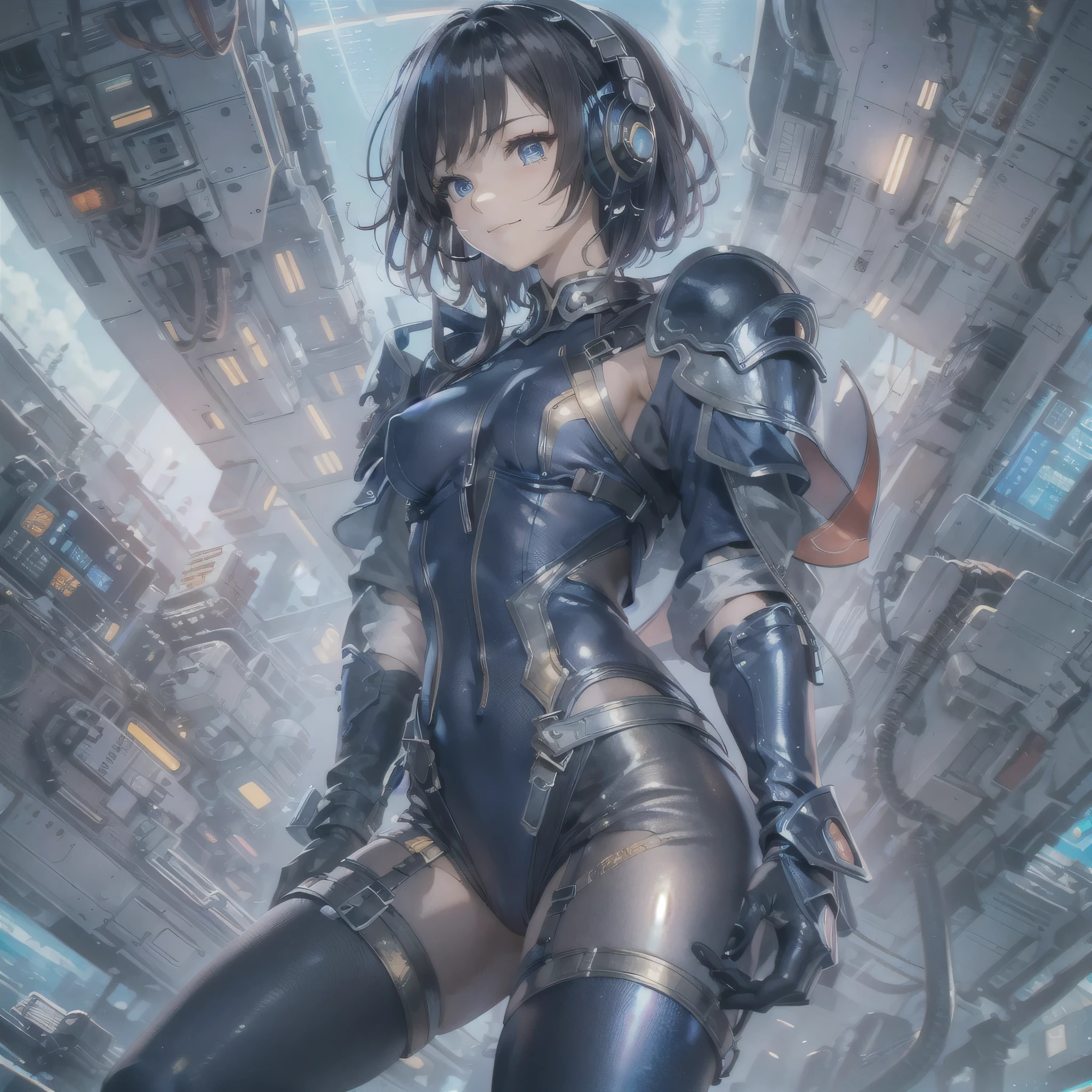 (masterpiece、highest quality、highest resolution、clear_image、detailed details、Angle from above): (full body figure、One 20 year old girl、Japanese faces、small face、Slender、Navy blue super short bob cut hair、(hidden small breasts:1.3)、sparkling blue eyes、Shiny pilot suit in blue and black colors、armor that protects the chest、tight fitting clothes、clothes that cover the whole body、shiny clothes、tight fit pants、hide the skin、very delicate and beautiful、detailed skin、hide thighs、hide your butt、cute type、gentle smile、soft expression、heroine、headset、Knee-high boots、gloves up to the elbow、eye level shot、facing directly、woman on a spaceship)