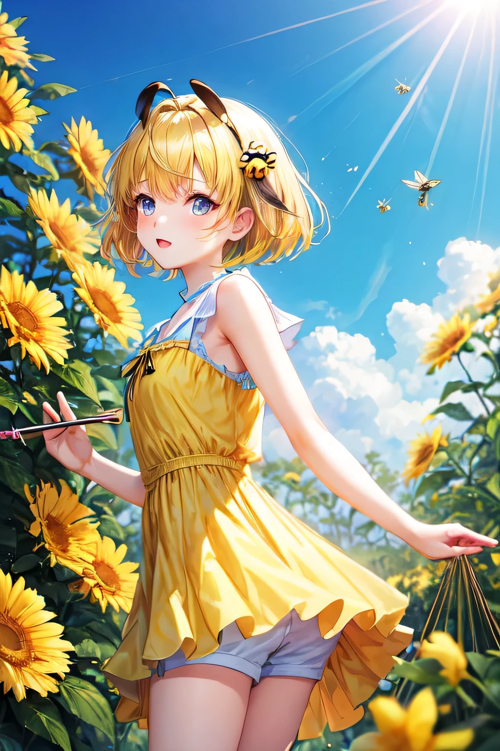 ((highest quality)), ((masterpiece)), (be familiar with), Perfect FaceBee GirlShort Hair StylesShort Hair StylesBee GirlBee GirlBee Girl Outfits ...、Yellow hair, soft clothes, lots of flowers