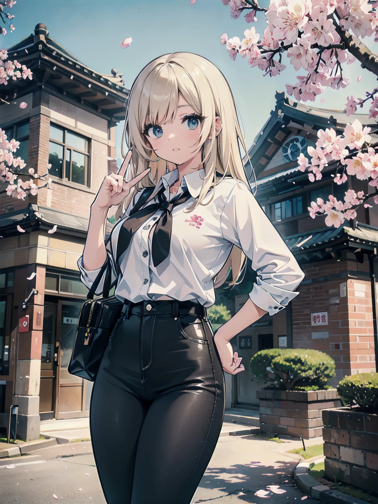 A 28-year-old female teacher wearing a white peplum casual outfit and black skinny jeans, typical of an adult woman.、A peace sign in front of a cherry blossom tree and a brick school building reminiscent of Tokyo Station