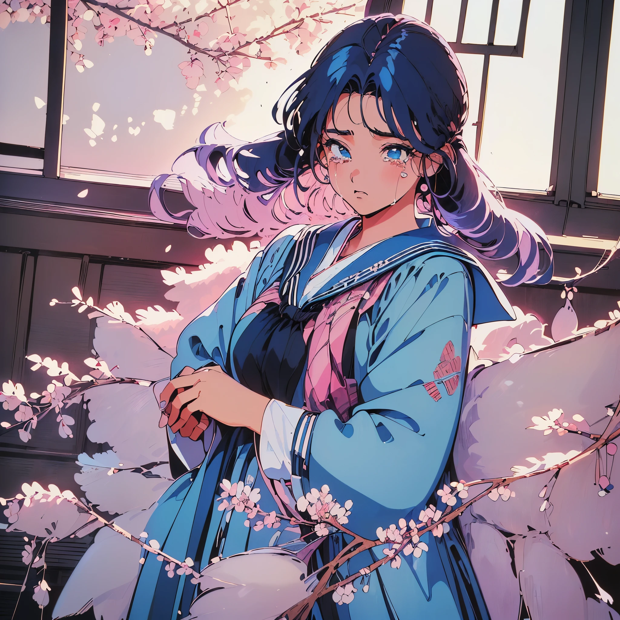 highres, extremely details, dramatic brightness, best quality art, 32k, 8K wallpaper, 4K digital animation, (1980s Japanese anime art:1.5). 1girl, she sad and remember a boy friend, he moved from school. (Her hair color is black:1.3),((a photo of girl, 1980s Japanese idol hairstyle:1.7)),(blue eyes :1.3),(detailed eyes and tears:1.3),close up upper body, (she wearing a sailor suit uniform in the room:1.5),(She holding a crumpled old paper in hand:1.5), (She looking memo on this crumpled paper:1.3), (The cherry blossom trees shine beyond the window:1.3)