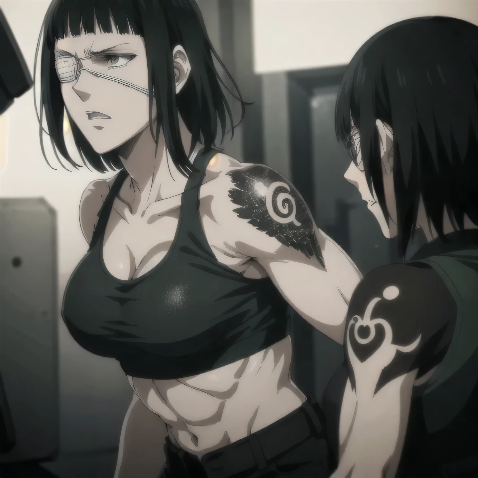 (best quality,ultra-detailed,realistic:1.37),musclaur badass girl with sculpted body with preview her musclaur body and six-pack, full review of the female character face and body, intense expression, strong and confident posture, studio lighting, vivid colors, physiologically-based rendering, grungy texture, rugged background, dust particles in the air, commanding presence, professional, powerful, gritty aesthetics,,Valmet،short hair,necklace,clean muscles,completely naked,tattoos on shoulders,clean body,sunglasses,Shining muscles,muscle protrusion,solo,eyepatch,penis,Erect penis,Valmet have a penis,penisQuiron,take shower,naked, in bathroom