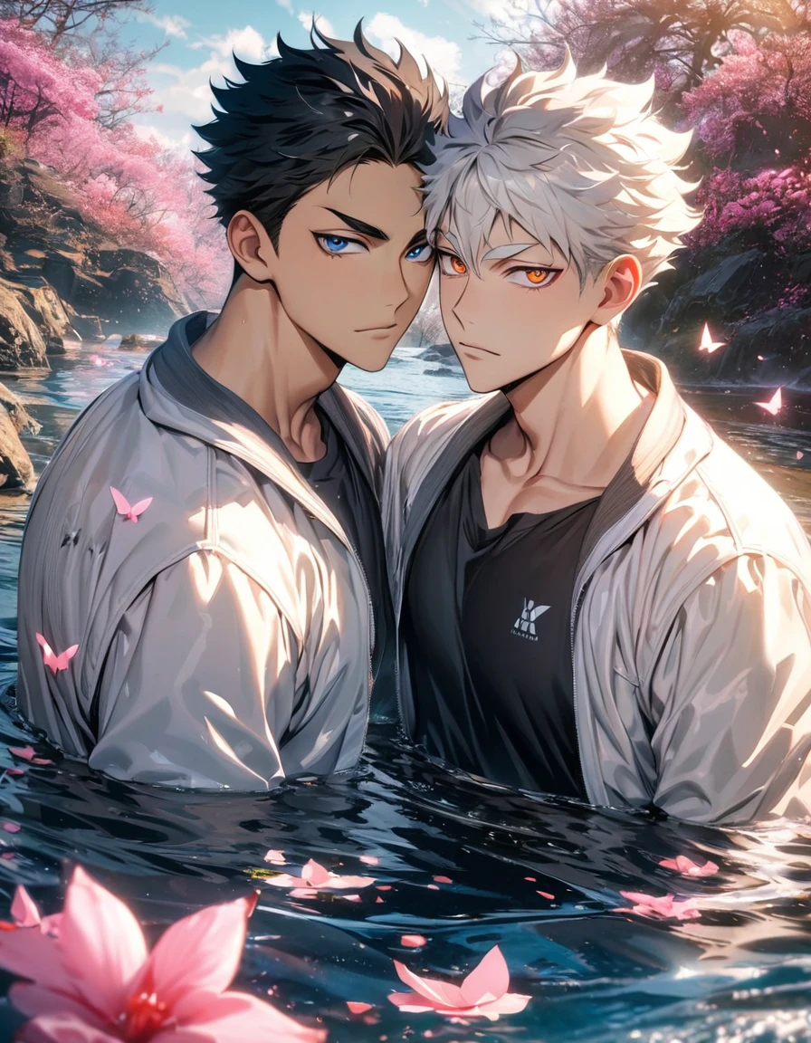 absurdres, highres, ultra detailed, HDR), masterpiece, Bokuto Kotaro, vibrant amber eyes, white hair, Haikyuu, Akaashi Keiji, black hair, vibrant dark blue eyes, 2men together, gay couple, handsome, water, pink flowers, pink butterflies, white jacket, black T-shirt