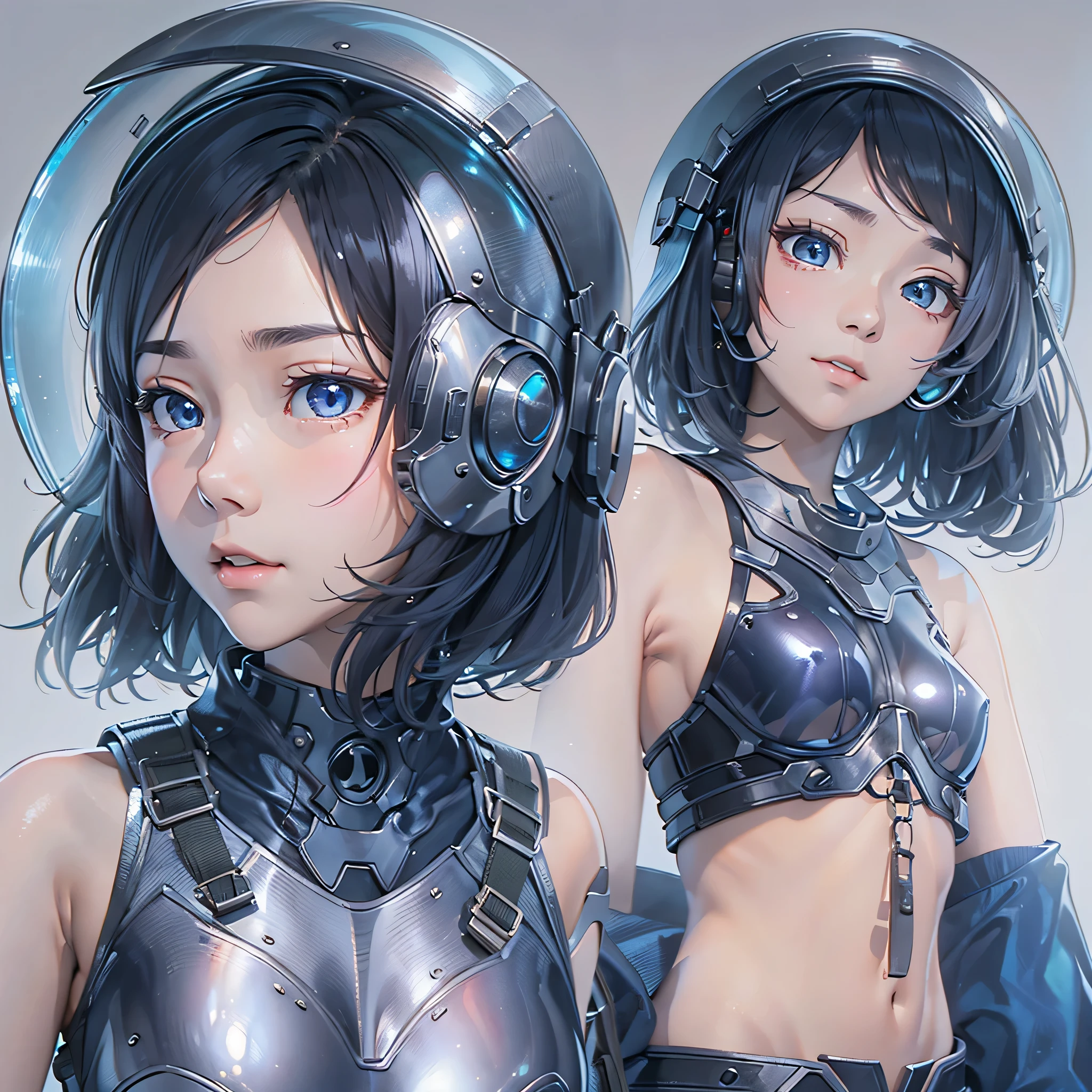 (masterpiece、highest quality、highest resolution、clear_image、detailed details、Angle from above): (full body figure、One 20 year old girl、Japanese faces、small face、Slender、Navy blue super short bob cut hair、(hidden small breasts:1.3)、sparkling blue eyes、Shiny pilot suit in blue and black colors、armor that protects the chest、tight fitting clothes、clothes that cover the whole body、shiny clothes、tight fit pants、hide the skin、very delicate and beautiful、detailed skin、hide thighs、hide your butt、cute type、gentle smile、soft expression、heroine、headset、Knee-high boots、gloves up to the elbow、eye level shot、facing directly、woman on a spaceship)