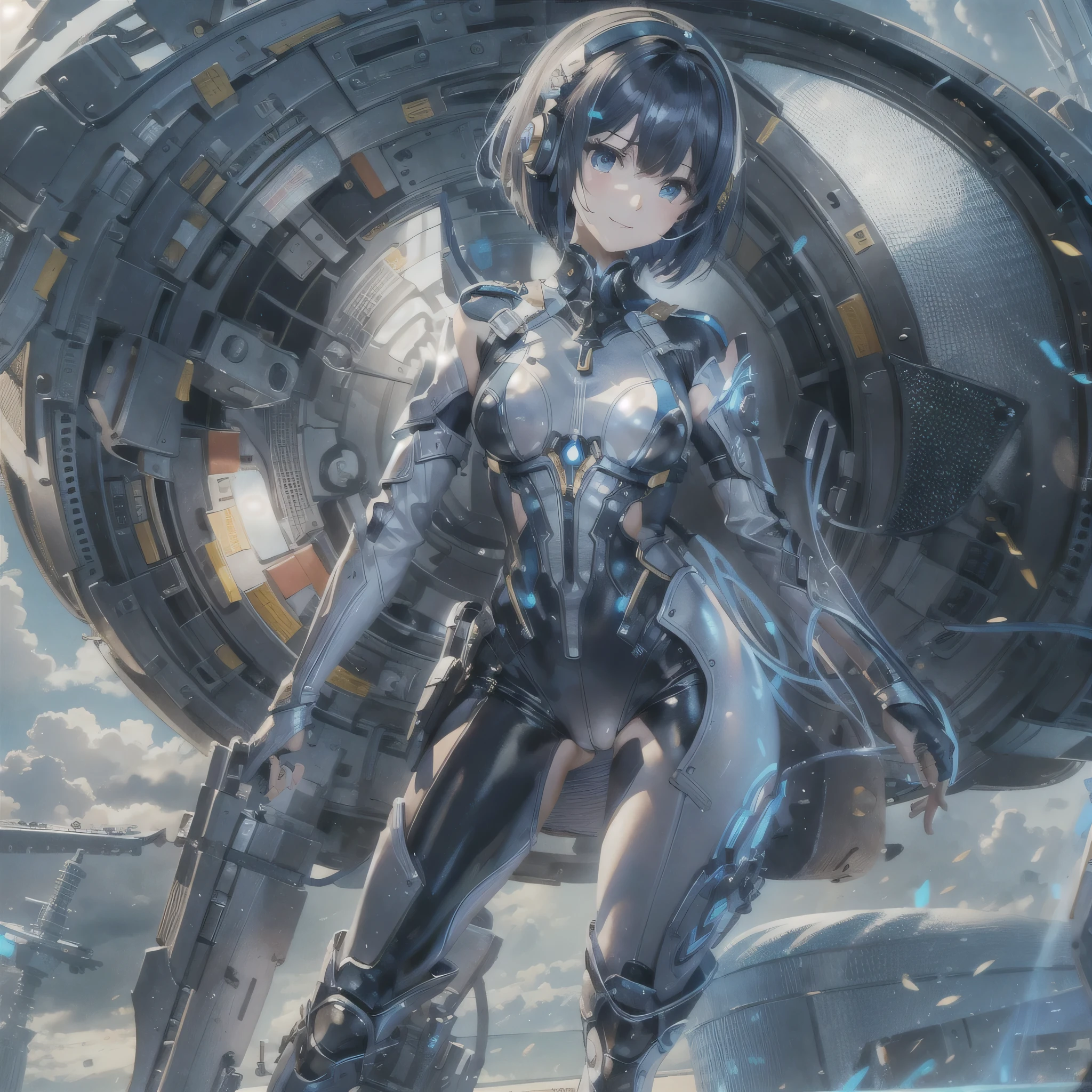 (masterpiece、highest quality、highest resolution、clear_image、detailed details、Angle from above): (full body figure、One 20 year old girl、Japanese faces、small face、Slender、Navy blue super short bob cut hair、(hidden small breasts:1.3)、sparkling blue eyes、Shiny pilot suit in blue and black colors、armor that protects the chest、tight fitting clothes、clothes that cover the whole body、shiny clothes、tight fit pants、hide the skin、very delicate and beautiful、detailed skin、hide thighs、hide your butt、cute type、gentle smile、soft expression、heroine、headset、Knee-high boots、gloves up to the elbow、eye level shot、facing directly、woman on a spaceship)