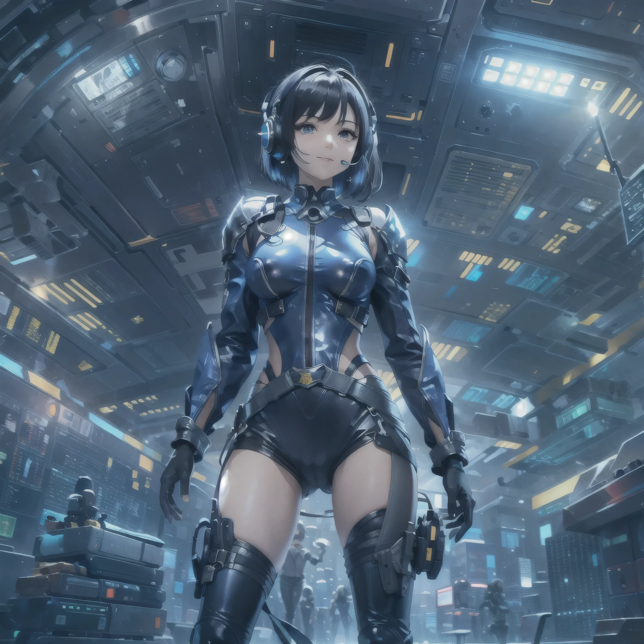 (masterpiece、highest quality、highest resolution、clear_image、detailed details、Angle from above): (full body figure、One 20 year old girl、Japanese faces、small face、Slender、Navy blue super short bob cut hair、(hidden small breasts:1.3)、sparkling blue eyes、Shiny pilot suit in blue and black colors、armor that protects the chest、tight fitting clothes、clothes that cover the whole body、shiny clothes、tight fit pants、hide the skin、very delicate and beautiful、detailed skin、hide thighs、hide your butt、cute type、gentle smile、soft expression、heroine、headset、Knee-high boots、gloves up to the elbow、eye level shot、facing directly、woman on a spaceship)