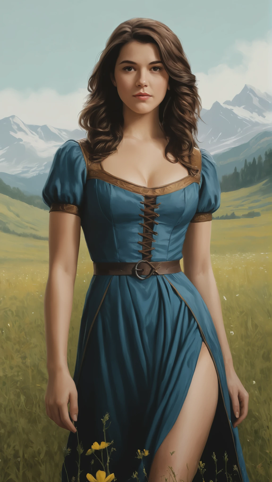 An illustrated movie poster, hand-drawn, full color, a Westerosi teen girl, wearing a regal dress, resembles Mary Elizabeth Winstead, sun-tanned complexion, tall, athletic, Amazonian figure, curvy, toned midriff, bottom-heavy, generous hips, massive bubble-butt, ridiculously thick powerful thighs, dark hair, long hair, waist-length hair, posing in a meadow of wildflowers, hard shadows, graphite shading, stencil marks, airbrushed acrylic paint, masterpiece, in the style of the Witcher