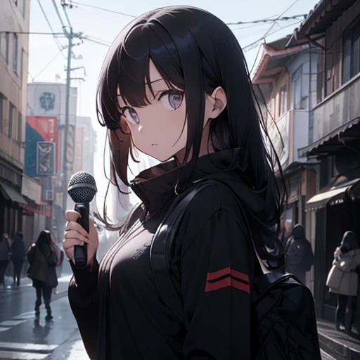 ai women, front, ((looking at the viewer)), black hair, long hair, 25 years old, mysterious atmosphere, wearing a uniform, Showing a photo from the chest up, dark shades, creepy silhouette、Horror elements, Items that evoke the image of telling a story, such as a book or a microphone