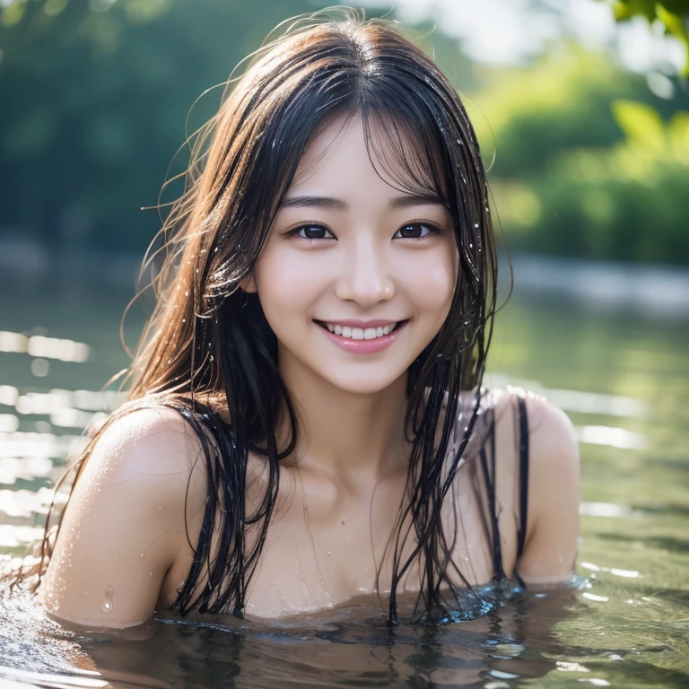 (8K), (highest quality: 1.2), (realistic), (realistic: 1.37), ultra high resolution, 1 girl, cute, smile, closed mouth, beautiful details, beautiful nose, whole body,Wetシャツ、 wet hair、Wet 、, thighs、thin