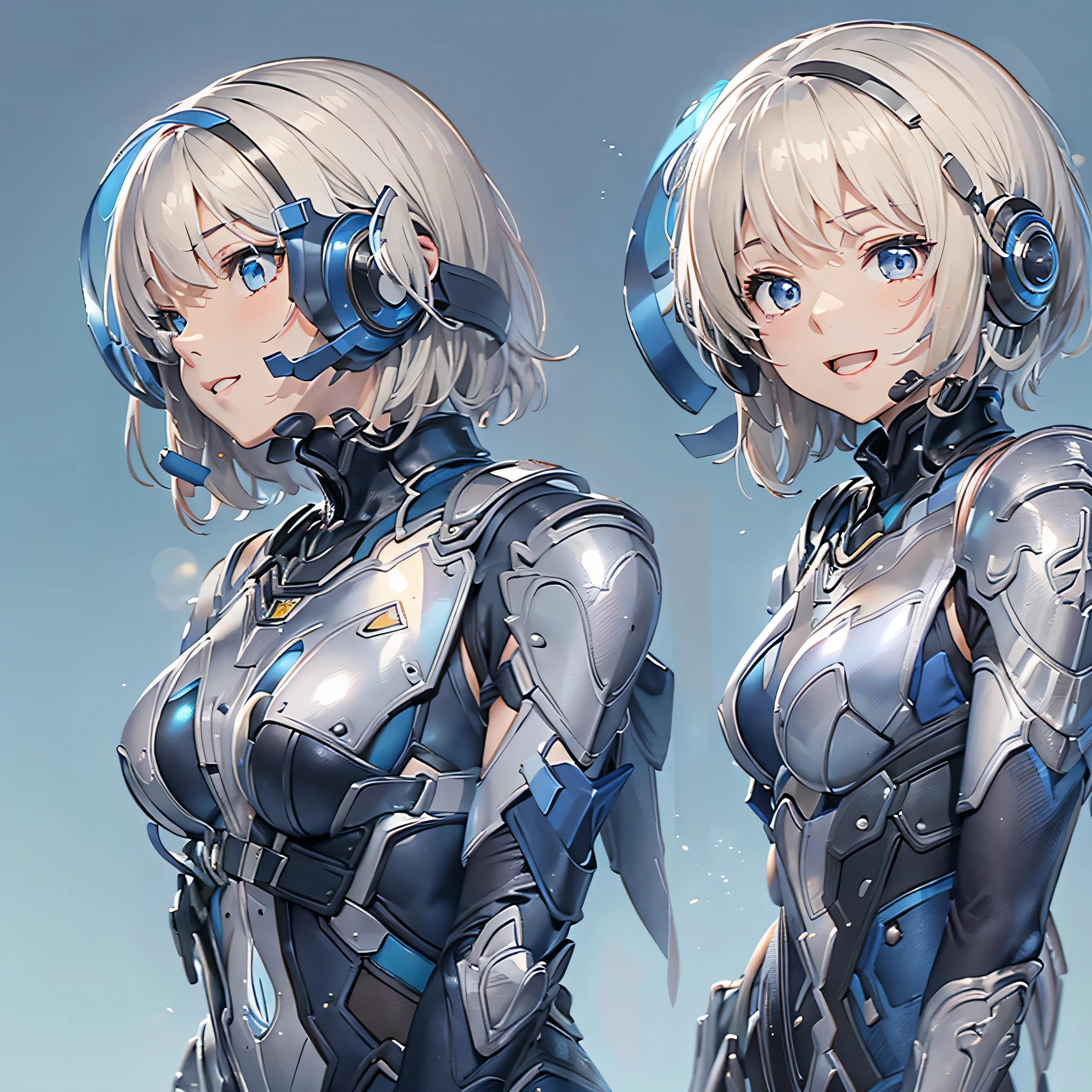 (masterpiece、highest quality、highest resolution、clear_image、detailed details、Angle from above): (full body figure、One 20 year old girl、Japanese faces、small face、Slender、Navy blue super short bob cut hair、(hidden small breasts:1.3)、sparkling blue eyes、Shiny pilot suit in blue and black colors、armor that protects the chest、tight fitting clothes、clothes that cover the whole body、shiny clothes、tight fit pants、hide the skin、very delicate and beautiful、detailed skin、hide thighs、hide your butt、cute type、gentle smile、soft expression、heroine、headset、Knee-high boots、gloves up to the elbow、eye level shot、facing directly、woman on a spaceship)