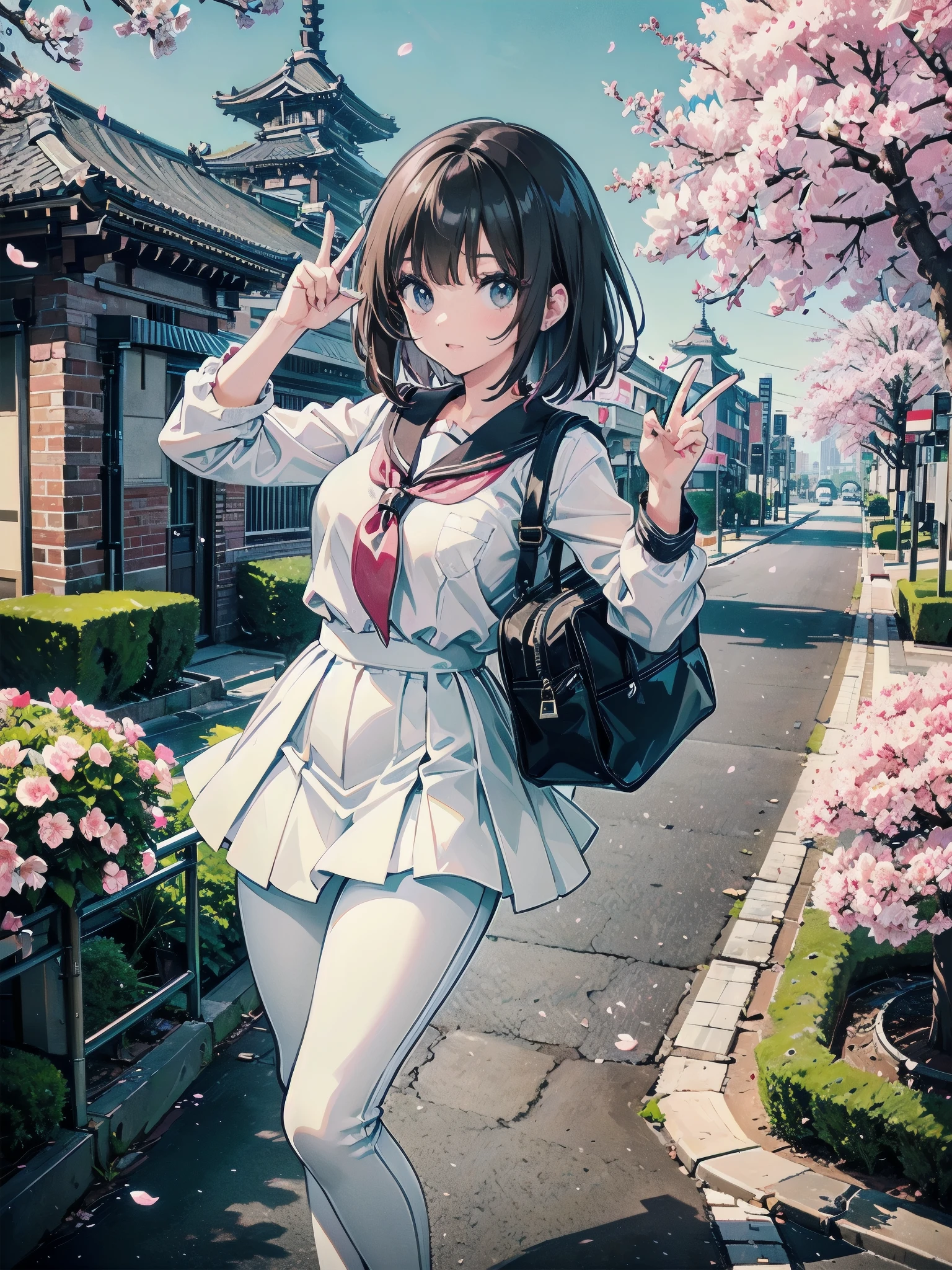 A 28-year-old female teacher wearing a white peplum casual outfit and black skinny jeans, typical of an adult woman.、A peace sign in front of a cherry blossom tree and a brick school building reminiscent of Tokyo Station