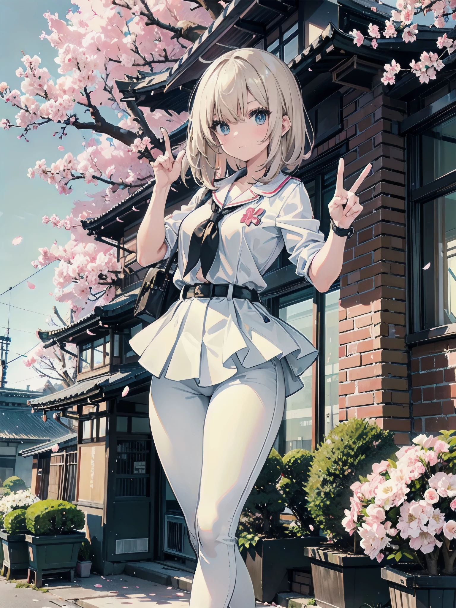 A 28-year-old female teacher wearing a white peplum casual outfit and black skinny jeans, typical of an adult woman.、A peace sign in front of a cherry blossom tree and a brick school building reminiscent of Tokyo Station