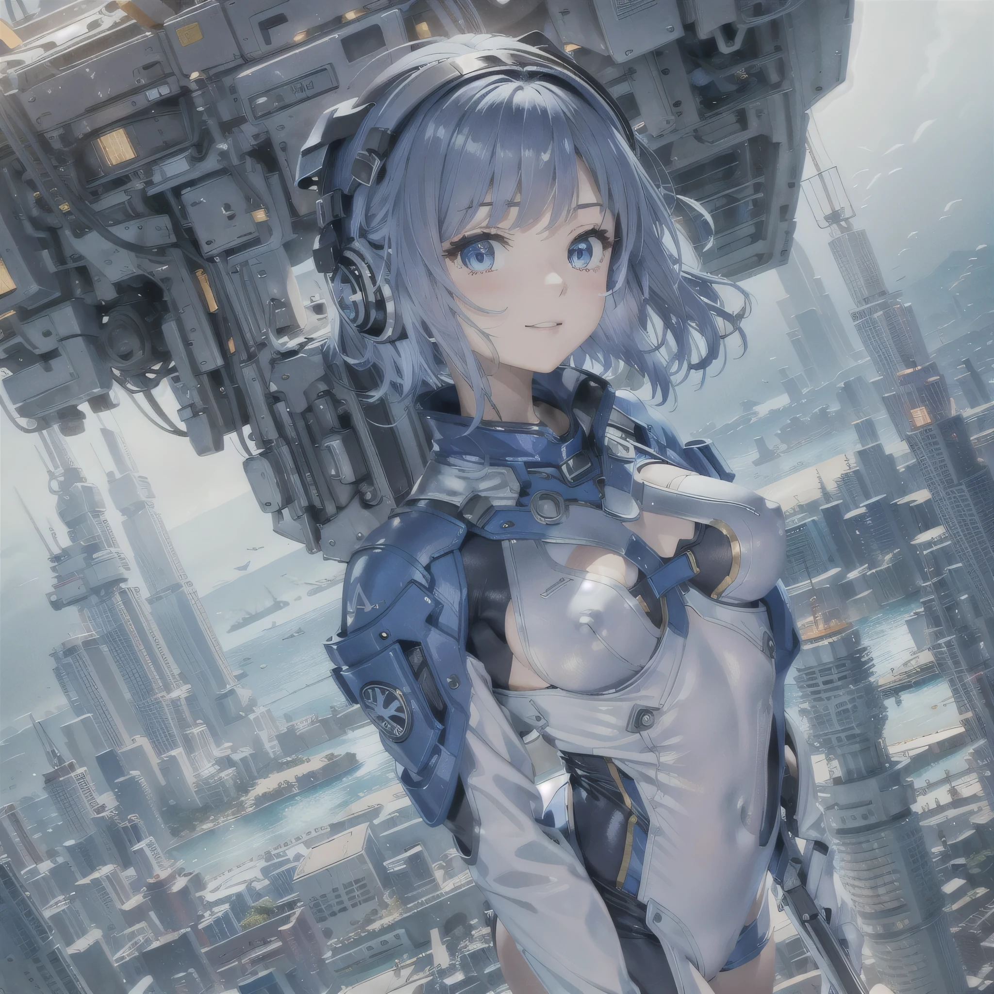 (masterpiece、highest quality、highest resolution、clear_image、detailed details、Angle from above): (full body figure、One 20 year old girl、Japanese faces、small face、Slender、Navy blue super short bob cut hair、(hidden small breasts:1.3)、sparkling blue eyes、Shiny pilot suit in blue and black colors、armor that protects the chest、tight fitting clothes、clothes that cover the whole body、shiny clothes、tight fit pants、hide the skin、very delicate and beautiful、detailed skin、hide thighs、hide your butt、cute type、gentle smile、soft expression、heroine、headset、Knee-high boots、gloves up to the elbow、eye level shot、facing directly、woman on a spaceship)