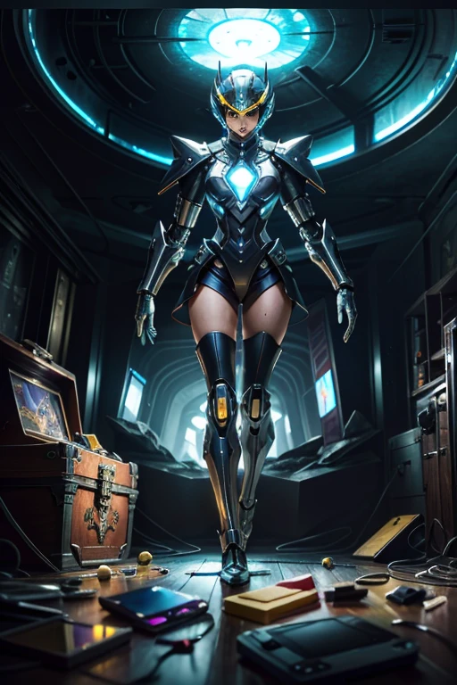 (best quality,4k,8k,highres,masterpiece:1.37), ultra-detailed, (realistic,photorealistic,photo-realistic:1.37), (aerial view), (top down perspective), 1woman, (the foreground is a woman pulling a video game cartridge out of a futuristic artifact box full of retro video game cartridges:1.6), (the woman is looking down:1.4), (Futuristic artifact box), (the artifact box is open), (The scene unfolds inside a mystical cavern:1.4), robot joints, mecha musume, (The woman is wearing a mecha armor made with glass details, covering her entire body:1.5), gatchaman, (She has a gatchaman helmet glass visor:1.4), (dynamic angle:1.37), headgear, mechanical parts, (The woman's headgear is made of fractal mechanical parts:1.4), (fantasy and sci-fi mixed:1.37), holographic glitch effects floats around the woman, vibrant colors, (A blue glow emanates from inside the treasure chest), glowing lights, (abandoned machinery), (there are video game cartridges and consoles on the background), mystical creatures, (there are crystal formations spreading on the background), (futuristic technology), (ancient artifacts), mystical energy, vibrant retro aesthetic, atmospheric lighting, ancient ruins, mysterious symbols, lush vegetation, interdimensional portals, nostalgic atmosphere, epic adventure, delightful surprises
