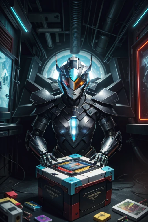 (best quality,4k,8k,highres,masterpiece:1.37), ultra-detailed, (realistic,photorealistic,photo-realistic:1.37), (aerial view), (top down perspective), 1woman, (the foreground is a woman pulling a video game cartridge out of a futuristic artifact box full of retro video game cartridges:1.6), (the woman is looking down:1.4), (Futuristic artifact box), (the artifact box is open), (The scene unfolds inside a mystical cavern:1.4), robot joints, mecha musume, (The woman is wearing a mecha armor made with glass details, covering her entire body:1.5), gatchaman, (She has a gatchaman helmet glass visor:1.4), (dynamic angle:1.37), headgear, mechanical parts, (The woman's headgear is made of fractal mechanical parts:1.4), (fantasy and sci-fi mixed:1.37), holographic glitch effects floats around the woman, vibrant colors, (A blue glow emanates from inside the treasure chest), glowing lights, (abandoned machinery), (there are video game cartridges and consoles on the background), mystical creatures, (there are crystal formations spreading on the background), (futuristic technology), (ancient artifacts), mystical energy, vibrant retro aesthetic, atmospheric lighting, ancient ruins, mysterious symbols, lush vegetation, interdimensional portals, nostalgic atmosphere, epic adventure, delightful surprises