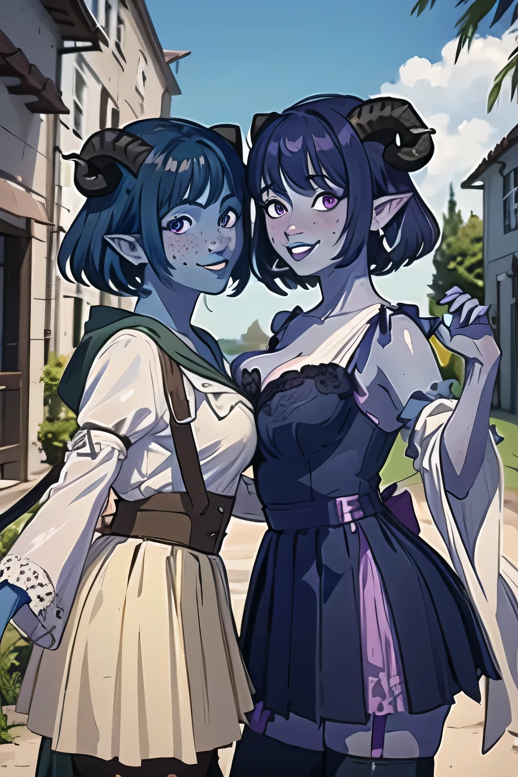 masterpiece, best quality, 2 girls, ((((identical twins)))), ((matching skin, matching clothes, matching hair)), jesterlavorre, blue hair,  purple eyes, blue skin, freckles, (large breasts), lingerie, colored skin, horns, pointy ears,, tiefling, smile, looking at viewer