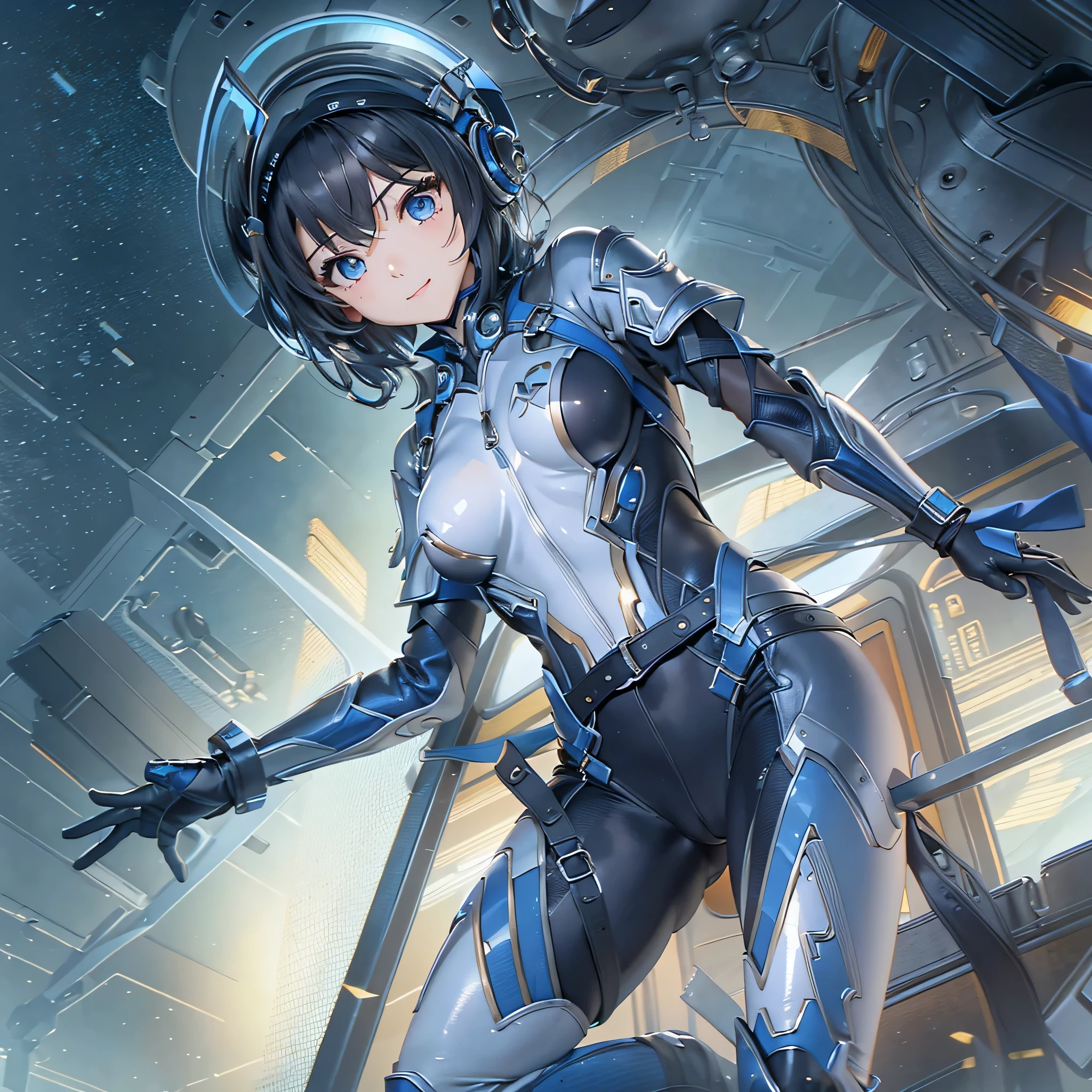 (masterpiece、highest quality、highest resolution、clear_image、detailed details、Angle from above): (full body figure、One 20 year old girl、Japanese faces、small face、Slender、Navy blue super short bob cut hair、(hidden small breasts:1.3)、sparkling blue eyes、Shiny pilot suit in blue and black colors、armor that protects the chest、tight fitting clothes、clothes that cover the whole body、shiny clothes、tight fit pants、hide the skin、very delicate and beautiful、detailed skin、hide thighs、hide your butt、cute type、gentle smile、soft expression、heroine、headset、Knee-high boots、gloves up to the elbow、eye level shot、facing directly、woman on a spaceship)