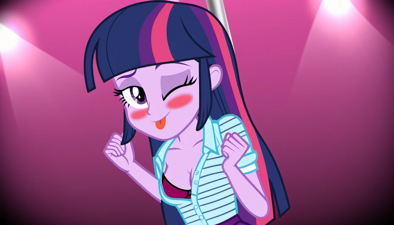 feral, 1girls, rainbow dash, solo, (show acurate, Equestria girls), club, night club, party, pole dancing stage, pole dancer, indoors, night, detailed, beautiful, female, vector, blushing, smiling, eyeless, dancing on pole, looking at you, t-shirt, red t-shirt glove, black glove, high heels, stockings, black stockings, pussy, microskirt, pink microskirt, sexy, shirt lift, exposed breasts, Big breasts 