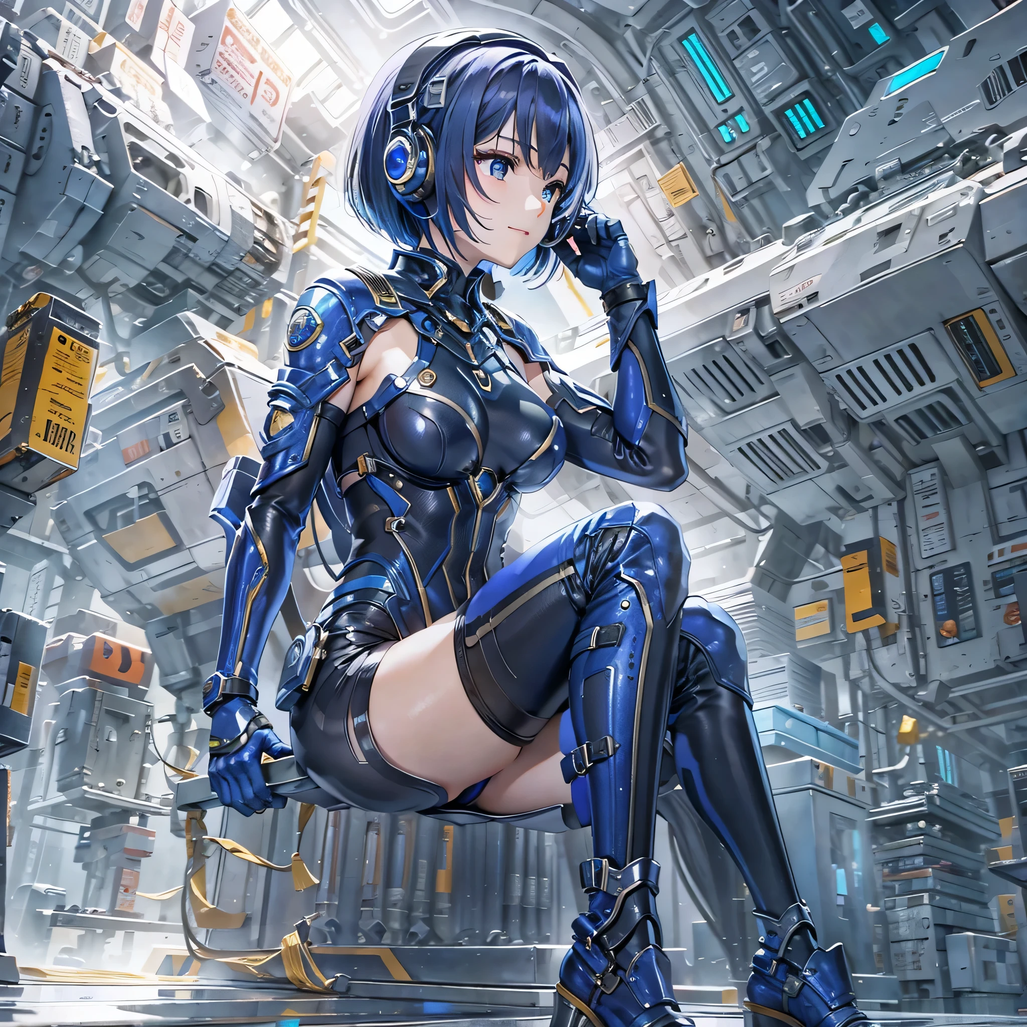 (masterpiece、highest quality、highest resolution、clear_image、detailed details、Angle from above): (full body figure、One 20 year old girl、Japanese faces、small face、Slender、Navy blue super short bob cut hair、(hidden small breasts:1.3)、sparkling blue eyes、Shiny pilot suit in blue and black colors、armor that protects the chest、tight fitting clothes、clothes that cover the whole body、shiny clothes、tight fit pants、hide the skin、very delicate and beautiful、detailed skin、hide thighs、hide your butt、cute type、gentle smile、soft expression、heroine、headset、Knee-high boots、gloves up to the elbow、eye level shot、facing directly、woman on a spaceship)