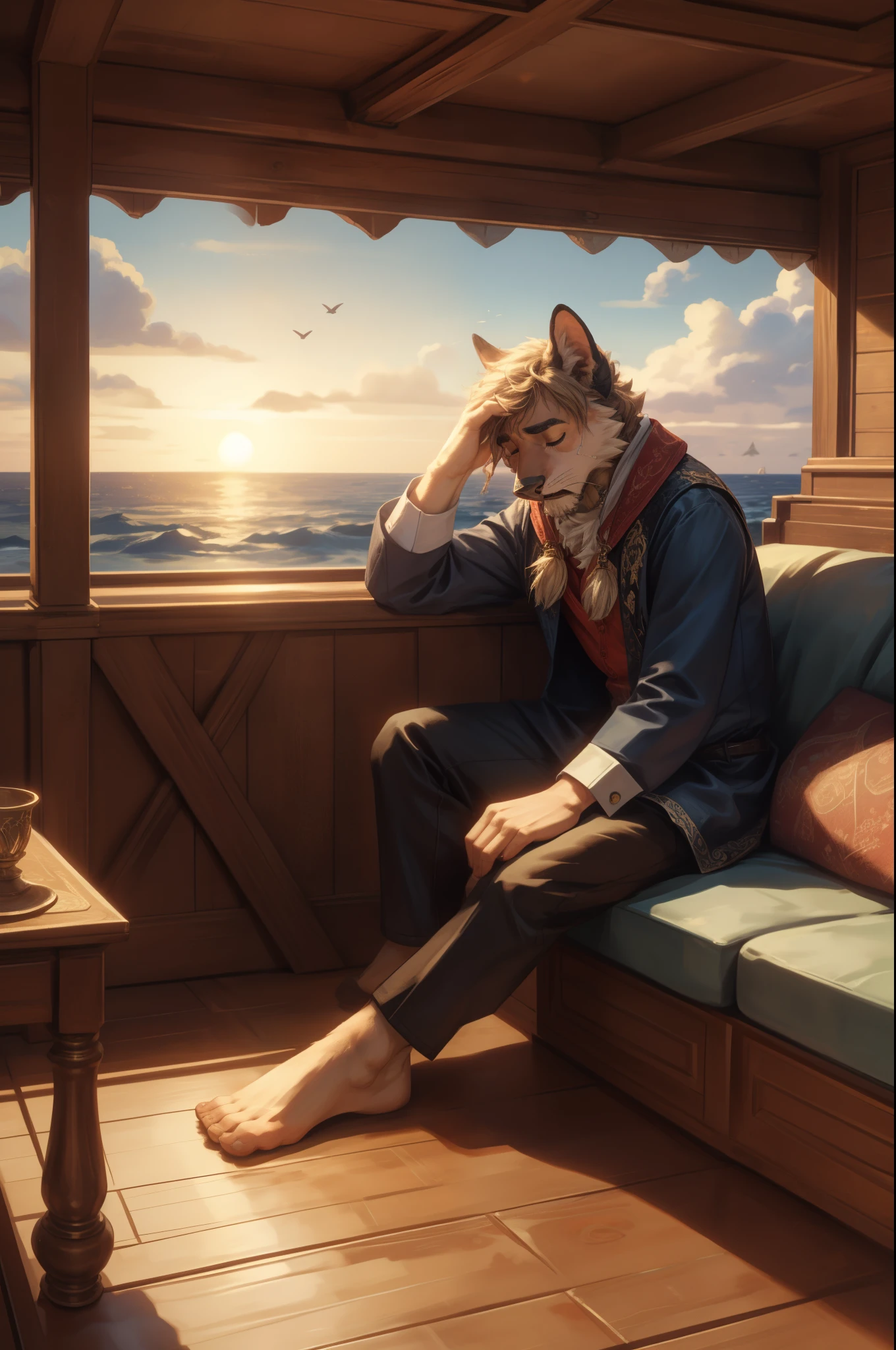 (((Barefoot furry character, full body, cinematic setting, male)))
Masquerading as a man with a reason.
My charade is the event of the season
and if I claim to be a wise man, well
it surely means that I don't know.
On a stormy sea of moving emotion
tossed about I'm like a ship on the ocean.
I set a course for winds of fortune,
but I hear the voices say:
(Carry on my wayward son.)
(There'll be peace when you are done.)
(Lay your weary head to rest.)
(Don't you cry no more.)
BREAK, (((plantigrade))), (((headache))), detailed background, 8K, (masterpiece:1.5), intricate details, highly detailed, extreme detail, octane render, fine art, best quality, highres, (detailed face:1.5), ((full_body)), UHD, (((perfect hands)))