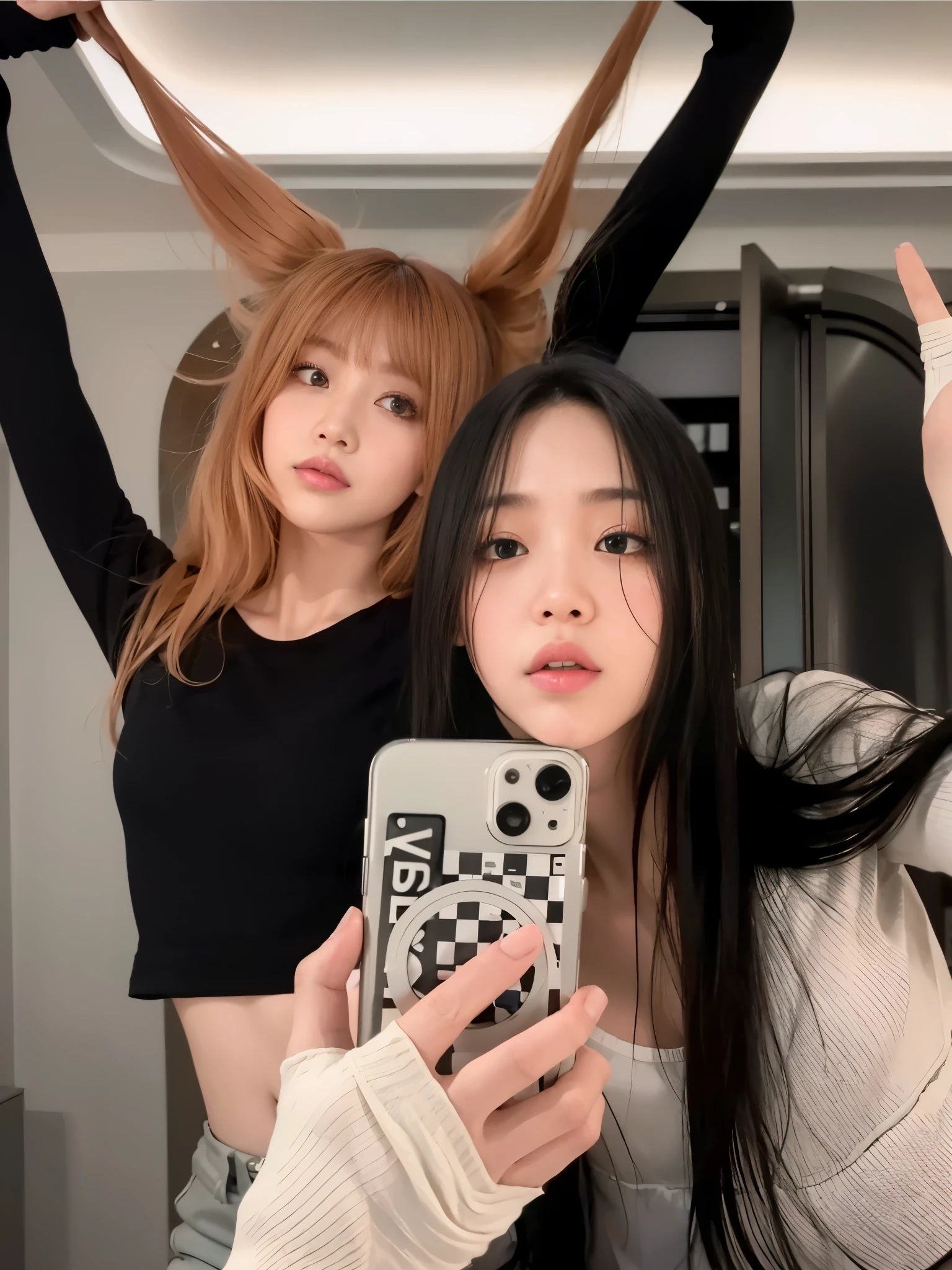 two women with long hair are taking a selfie in the mirror, Ulzzang, lalisa manobal, Blackpink, inspirado em Wang Duo, com grandes orelhas de coelho, lalisa manoban of Blackpink, com orelhas de coelho, jossi of Blackpink, Yoshitomo Nara e Aya Takano, imagem de perfil, nixeu e sakimichan
