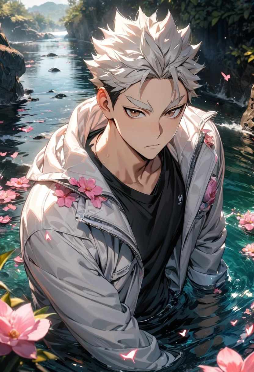 absurdres, highres, ultra detailed, HDR), masterpiece, Bokuto Kotaro, vibrant brown eyes, white hair spiked up, Haikyuu, 1man, handsome, water, pink flowers, pink butterflies, white jacket, black T-shirt