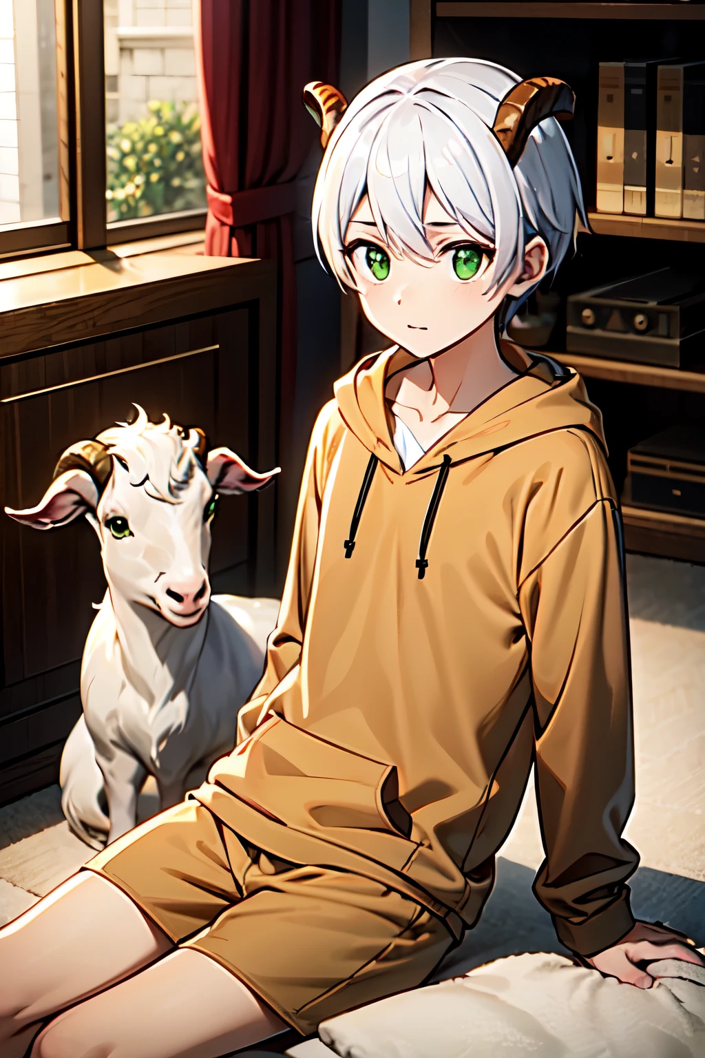 1 male,youth、 alone,cute、cute、Broad shoulders, white hair, habitual hair、short hair, bangs, Goat horns, green eyes, brown hoodie、Playing the loungewear game、indoor、