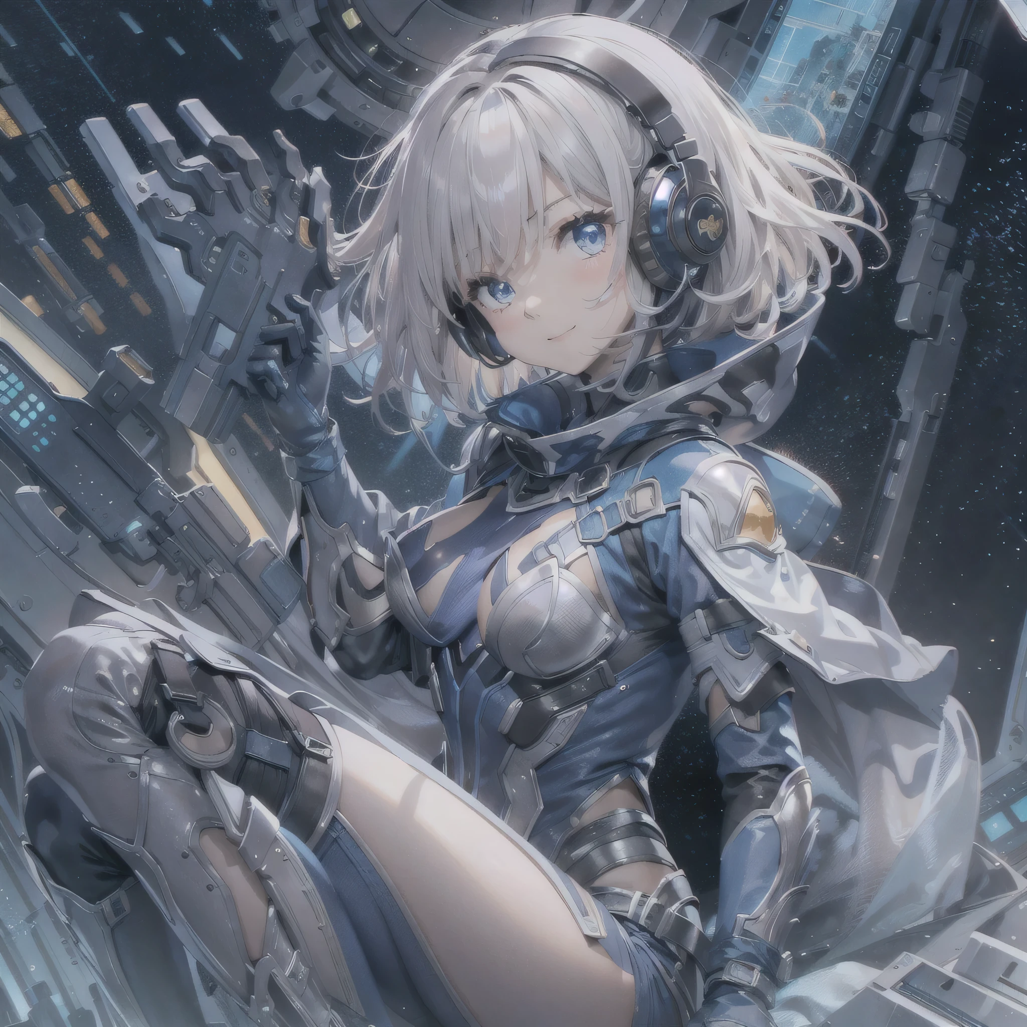 (masterpiece、highest quality、highest resolution、clear_image、detailed details、Angle from above): (full body figure、One 20 year old girl、Japanese faces、small face、Slender、Navy blue super short bob cut hair、(hidden small breasts:1.3)、sparkling blue eyes、Shiny pilot suit in blue and black colors、armor that protects the chest、tight fitting clothes、clothes that cover the whole body、shiny clothes、tight fit pants、hide the skin、very delicate and beautiful、detailed skin、hide thighs、hide your butt、cute type、gentle smile、soft expression、heroine、headset、Knee-high boots、gloves up to the elbow、eye level shot、facing directly、woman on a spaceship)