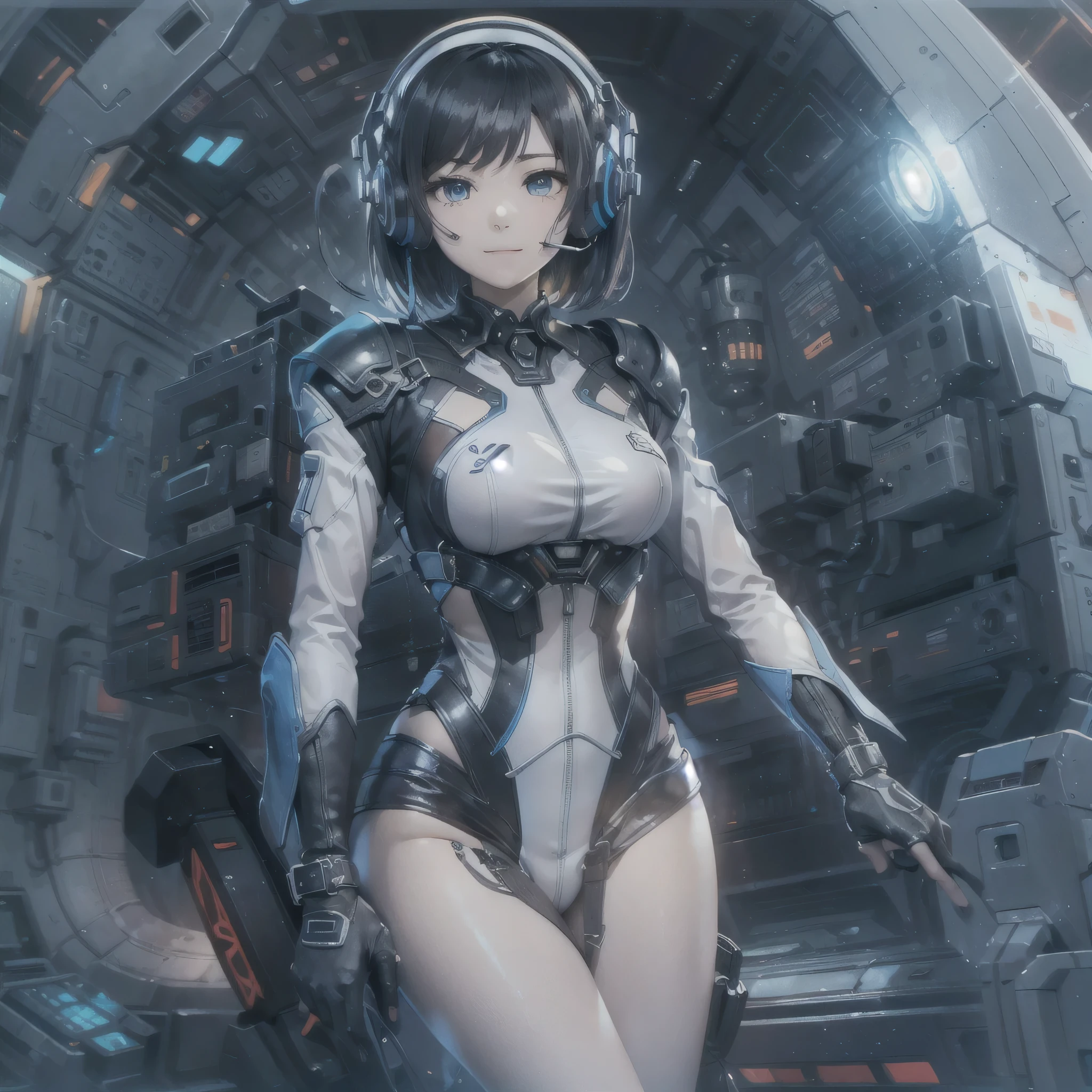(masterpiece、highest quality、highest resolution、clear_image、detailed details、Angle from above): (full body figure、One 20 year old girl、Japanese faces、small face、Slender、Navy blue super short bob cut hair、(hidden small breasts:1.3)、sparkling blue eyes、Shiny pilot suit in blue and black colors、armor that protects the chest、tight fitting clothes、clothes that cover the whole body、shiny clothes、tight fit pants、hide the skin、very delicate and beautiful、detailed skin、hide thighs、hide your butt、cute type、gentle smile、soft expression、heroine、headset、Knee-high boots、gloves up to the elbow、eye level shot、facing directly、woman on a spaceship)