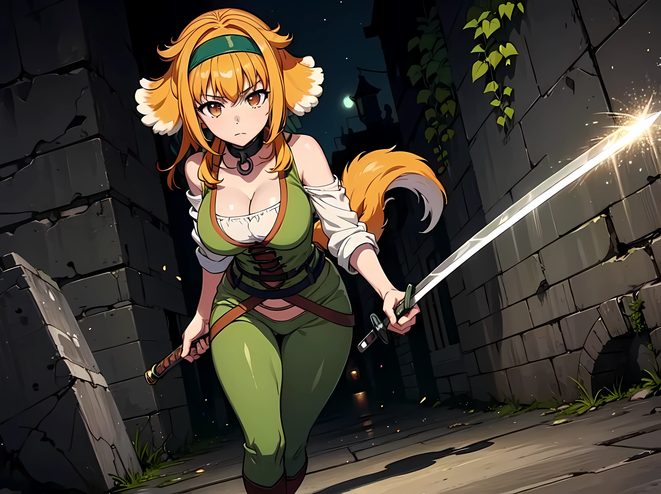 masterpiece, best quality, roxanne, dog ears, black hairband, [[[green hairband]]], collar, off-shoulder shirt, cleavage, green vest, green pants, large breasts, holding sword, ((sword)), ((((charging forward)))), looking at viewer, (((dog tail above butt))), [[[focused]]], [[glaring]], holding weapon, hand on hilt, (((dirt))), (((((dungeon))))), ((maze)), (((medieval))), ((dark)), ((night)), glowing, orbs