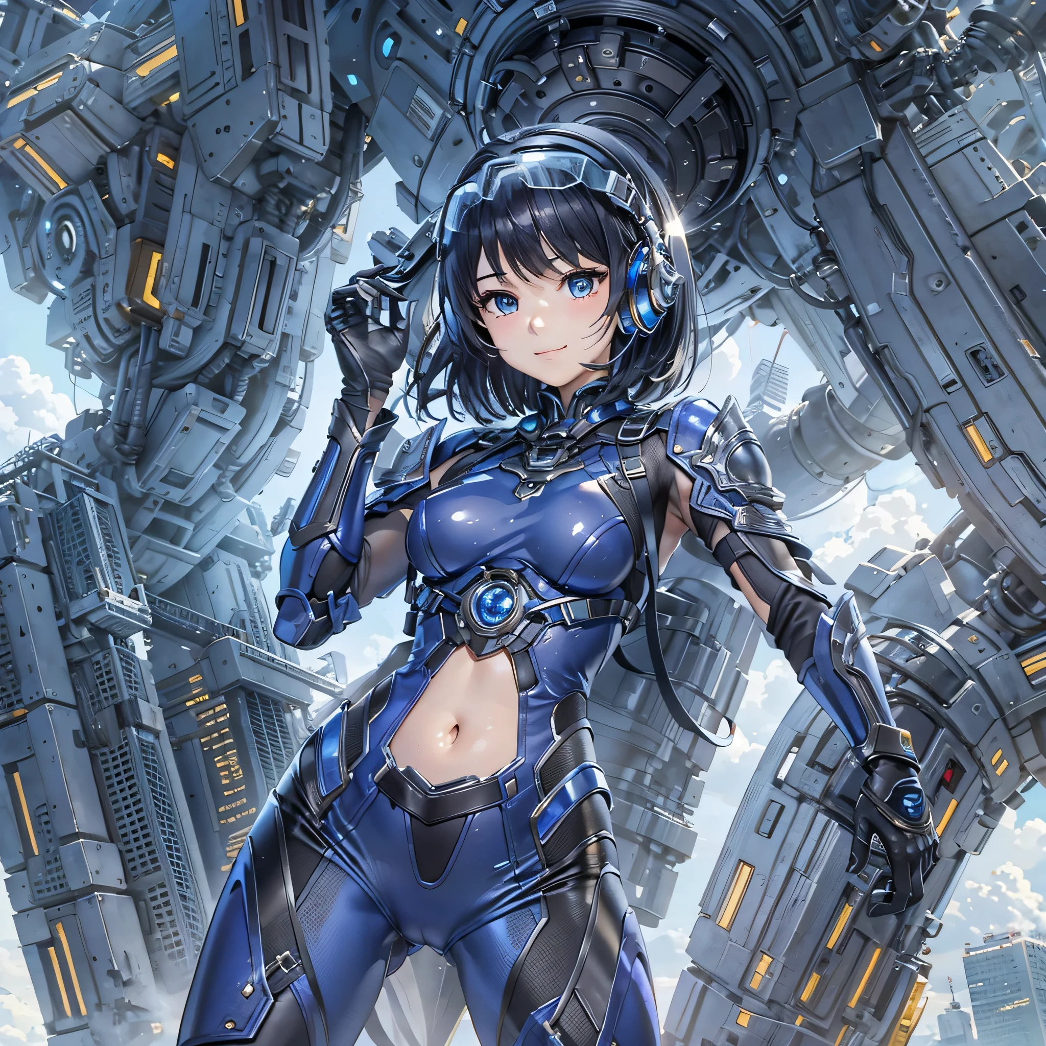 (masterpiece、highest quality、highest resolution、clear_image、detailed details、Angle from above): (full body figure、One 20 year old girl、Japanese faces、small face、Slender、Navy blue super short bob cut hair、(hidden small breasts:1.3)、sparkling blue eyes、Shiny pilot suit in blue and black colors、armor that protects the chest、tight fitting clothes、clothes that cover the whole body、shiny clothes、tight fit pants、hide the skin、very delicate and beautiful、detailed skin、hide thighs、hide your butt、cute type、gentle smile、soft expression、heroine、headset、Knee-high boots、gloves up to the elbow、eye level shot、facing directly、woman on a spaceship)