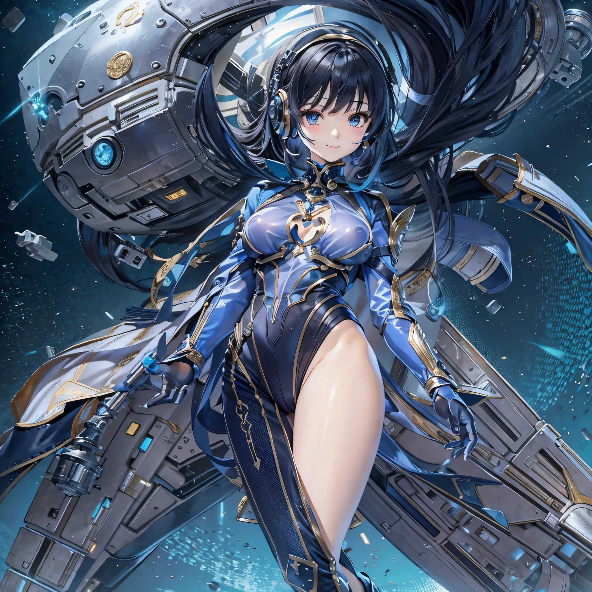 (masterpiece、highest quality、highest resolution、clear_image、detailed details、Angle from above): (full body figure、One 20 year old girl、Japanese faces、small face、Slender、Navy blue super short bob cut hair、(hidden small breasts:1.3)、sparkling blue eyes、Shiny pilot suit in blue and black colors、armor that protects the chest、tight fitting clothes、clothes that cover the whole body、shiny clothes、tight fit pants、hide the skin、very delicate and beautiful、detailed skin、hide thighs、hide your butt、cute type、gentle smile、soft expression、heroine、headset、Knee-high boots、gloves up to the elbow、eye level shot、facing directly、woman on a spaceship)