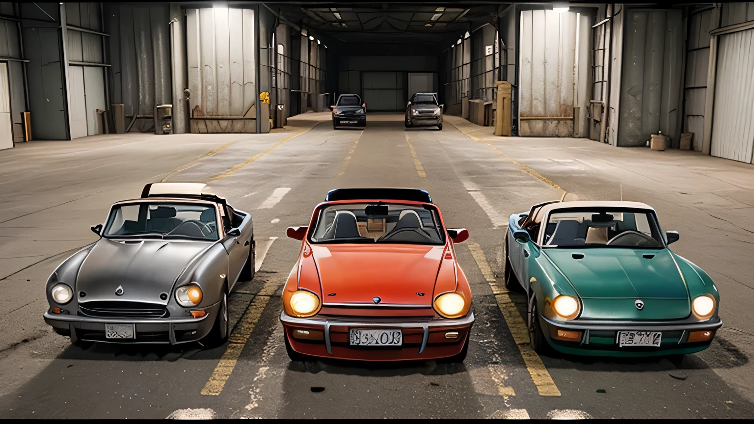 a group of cars in a large warehouse with a bright light, topdown, top down, top - down photo, top down view, top - down photograph, top down photo, top - down, top-down view, top - down view, top-down shot, broken down, desktop background, 🕹️ 😎 🔫 🤖 🚬, hyper realistic
