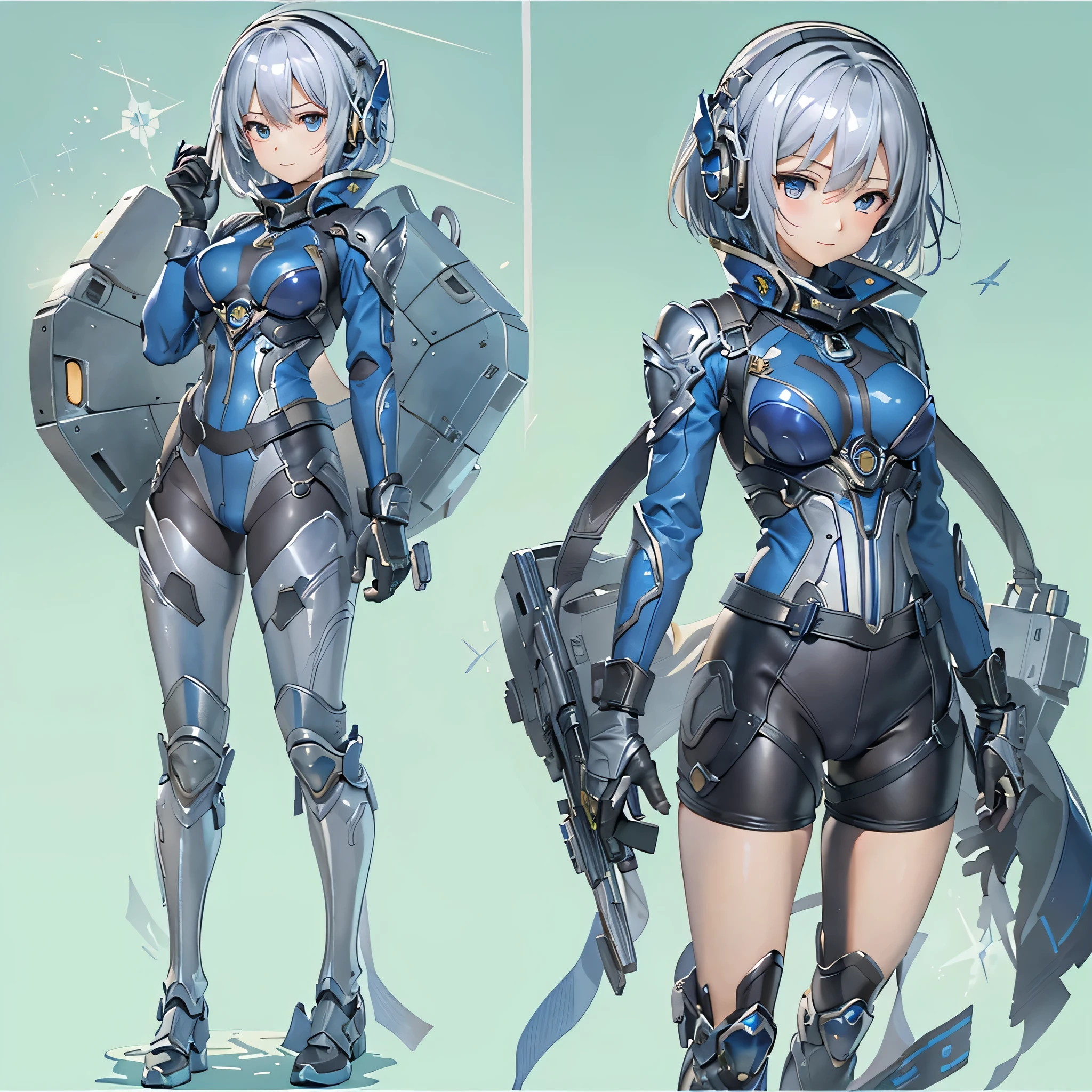 (masterpiece、highest quality、highest resolution、clear_image、detailed details、Angle from above): (full body figure、One 20 year old girl、Japanese faces、small face、Slender、Navy blue super short bob cut hair、(hidden small breasts:1.3)、sparkling blue eyes、Shiny pilot suit in blue and black colors、armor that protects the chest、tight fitting clothes、clothes that cover the whole body、shiny clothes、tight fit pants、hide the skin、very delicate and beautiful、detailed skin、hide thighs、hide your butt、cute type、gentle smile、soft expression、heroine、headset、Knee-high boots、gloves up to the elbow、eye level shot、facing directly、woman on a spaceship)