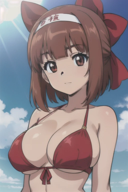 (anime cels style, best quality, high resolution, megami magazine, anime poster style, sharp, 8k, photorealistic), (beautiful eyes:1.2), (kondou_taeko:1.5, Girls und Panzer), 1girl, brown medium hair, brown eyes, (red hachimaki under bangs:1.5), (large breast), (red bikini), upper body, (perfect detailed anatomy, beautiful face, perfect body, perfect arms, shiny skin), sunshine, bluesky