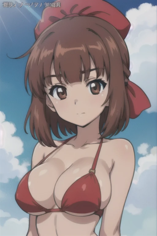 (anime cels style, best quality, high resolution, megami magazine, anime poster style, sharp, 8k, photorealistic), (beautiful eyes:1.2), (kondou_taeko:1.5, Girls und Panzer), 1girl, brown medium hair, brown eyes, (red hachimaki under bangs:1.5), (large breast), (red bikini), upper body, (perfect detailed anatomy, beautiful face, perfect body, perfect arms, shiny skin), sunshine, bluesky