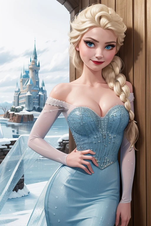 (masterpiece, best quality:1.2), Elsa, 1girl, solo, looking at viewer, blue dress, from frozen, cleavage, long white hair, blue skirt, blue eyes, sexy smirk, frozen castle, 