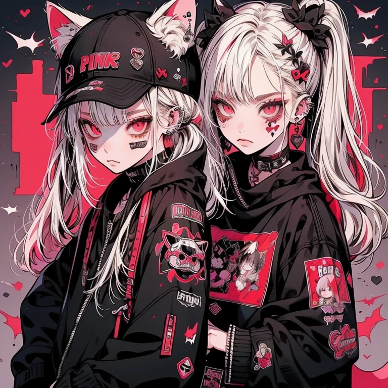 punk rock emo girl, naught, wolf girl, Long neon white hair in pigtails, tattoo sleeves and piercings, red eyes, slim, thin, short,  Harajuku-inspired punk clothing, There are no twins, One