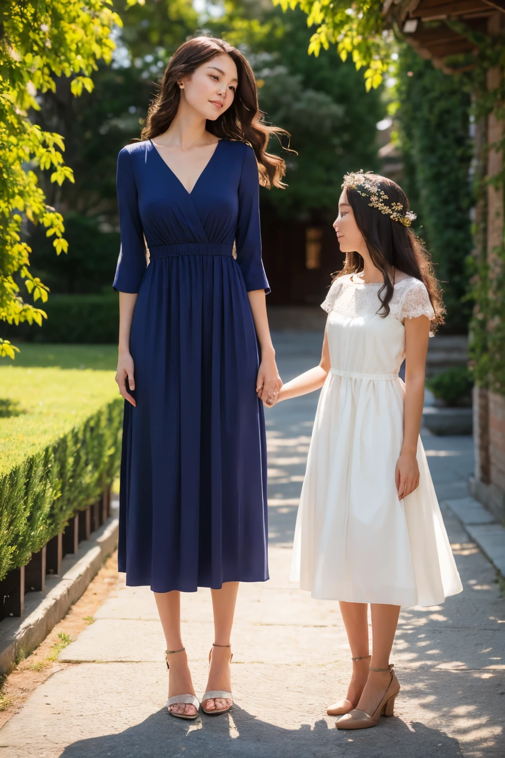 Photo of a charming giant daughter and her mother, shot in a picturesque setting. The daughter, a stunning young woman, possesses extraordinary height and grace. Her cascading golden locks flow down to her waist, catching the sunlight and creating a mesmerizing glow. The composition focuses on her expressive face, carefully capturing every delicate feature with remarkable detail. Her fair complexion radiates with a natural beauty, making her seem almost ethereal. Wrapped in an elegant dress, she stands tall, exuding confidence and elegance. Standing beside her, her mother appears diminutive in comparison, yet their bond is palpable. The mother, with her endearing smile and warm eyes, gazes lovingly at her daughter. The juxtaposition of their sizes creates a visually