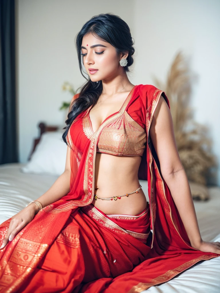 ((32K, ultra HD, RAW Photo, Best Quality, Masterpiece)), ((photos Realistic)), (cinematic lighting) (ultra-detail), shot with Canon EOS R5, ((((50mm len))) f/2.8, HDR,  best quality, lifelike, 8k, high resolution, Indian bride girl in traditional red saree,, 1 girl, Miss, (professional lighting), (portrait:0.6), (Lie flat on your back on the bed), Gorgeous, black hair, (1 girl ), eyes closed，lifelike, ,SFW, Calm expression，full-body shot，top view, full body,, open legs, novel, nude, naked, sleeping, juicy pussy, dark blue bedsheet, Indian bridal makeup