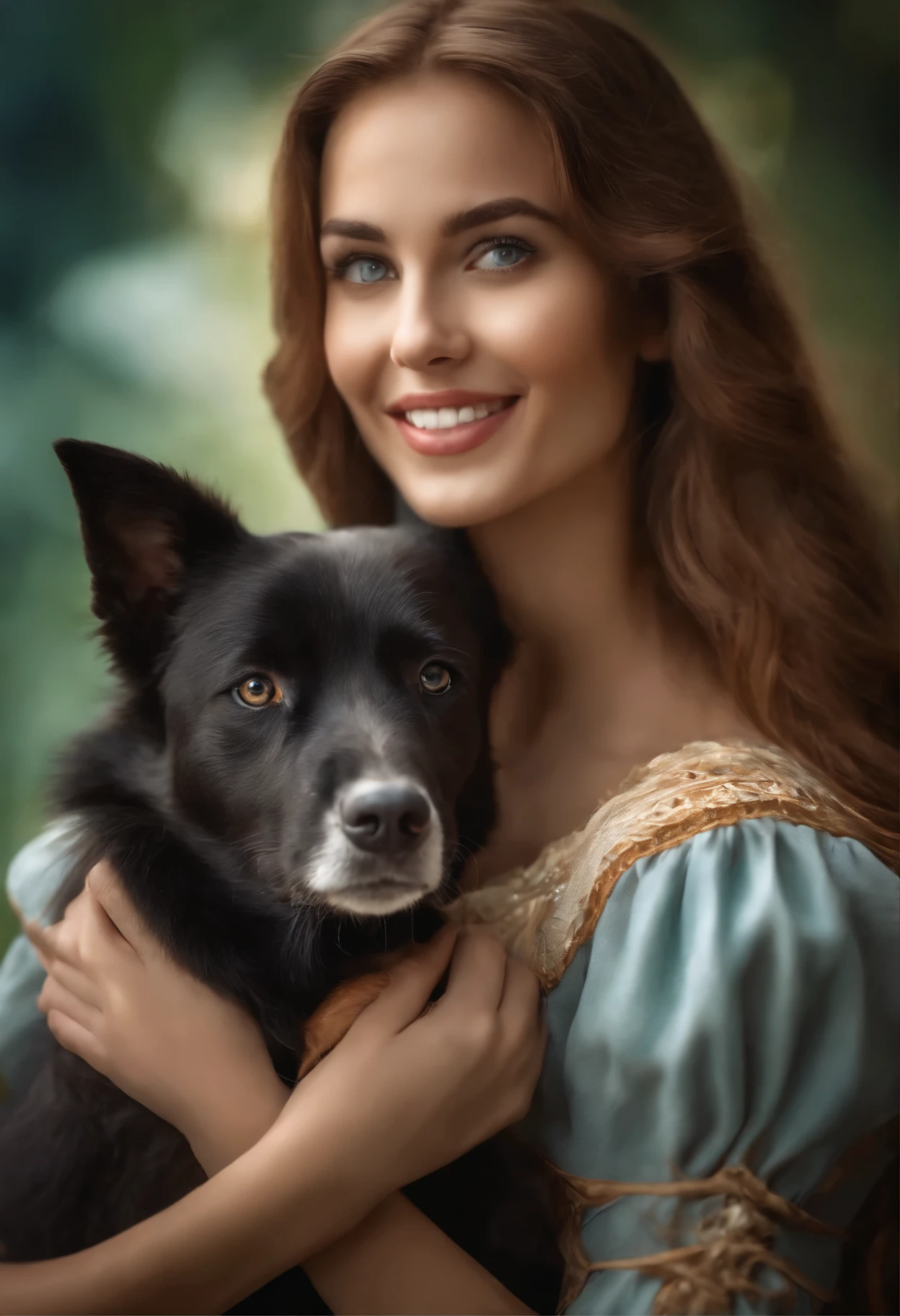 A beautiful woman with a detailed face and eyes, smiling. She is holding a female dog in her arms. The image is of the best quality, with an 8K resolution and a raw photo format. The overall style of the image should resemble the fantasy world of "Alice in Wonderland," with a slightly enhanced aspect ratio. The lighting should be natural and vibrant, with vivid colors. The art should depict an unreal world, with intricate details throughout the entire image.