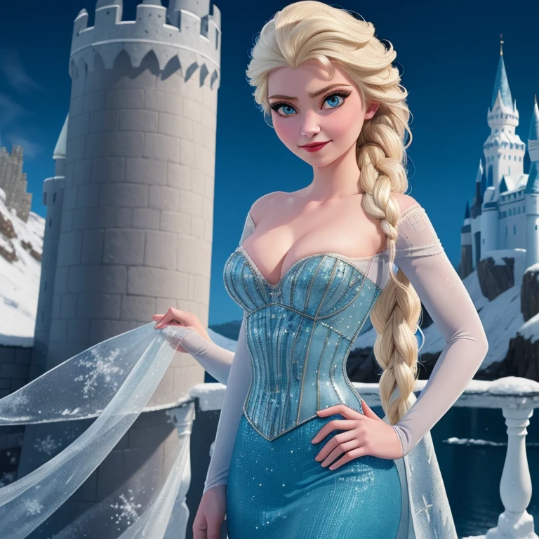 (masterpiece, best quality:1.2), Elsa, 1girl, solo, looking at viewer, blue dress, from frozen, cleavage, long white hair, blue skirt, blue eyes, sexy smirk, frozen castle, 