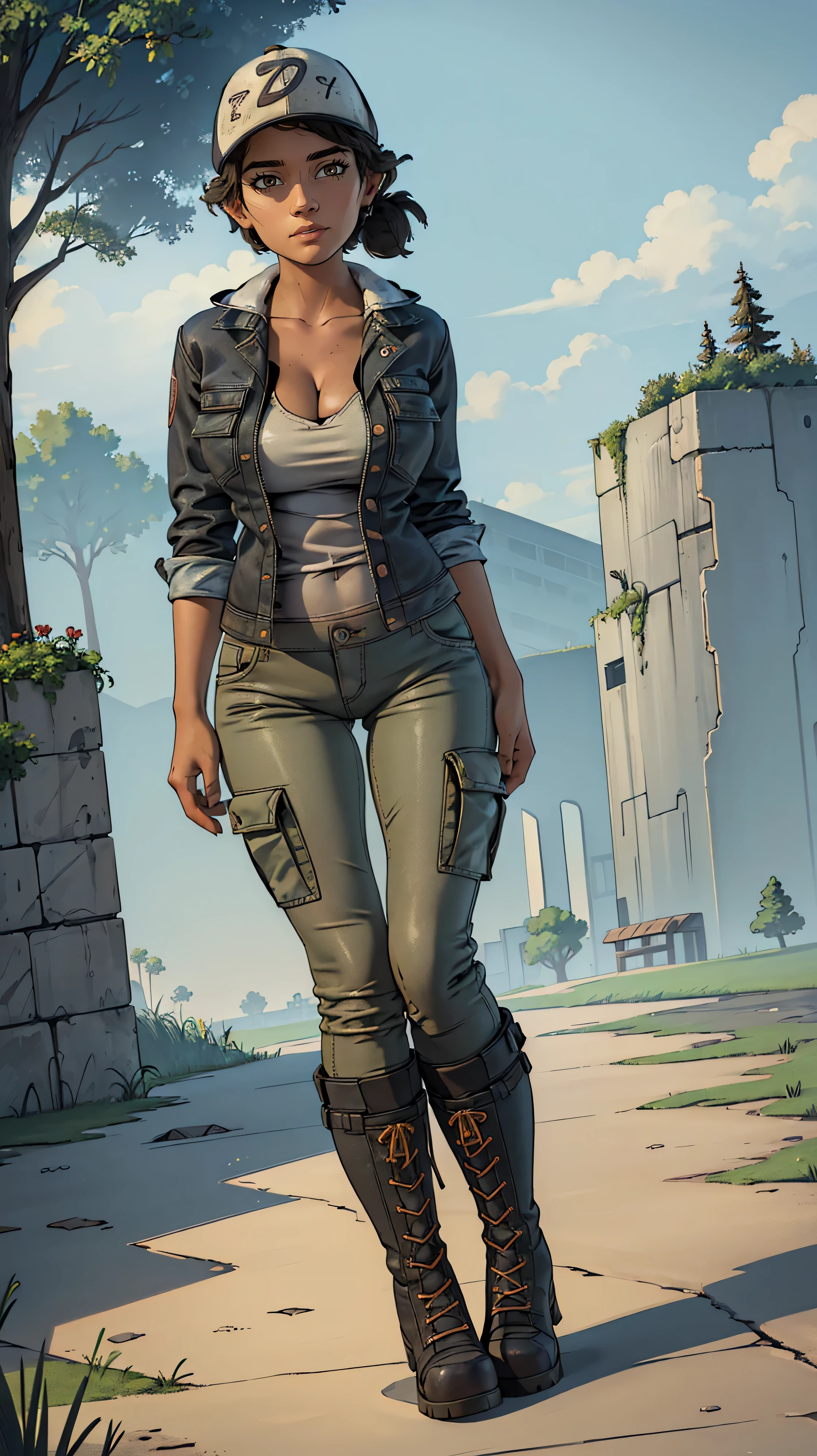 ((masterpiece, best quality)),(complex lighting) ,solo,(((1girl))) ,clementine, light skin,light-skinned female, baseball cap, green cargo pants, brown eyes, tight pants, combat boots, shirt, short hair, one short ponytail, open denim jacket, huge butt, thicc butt, cleavage, (((8k))), (((full body))), (((bent over))), (((looking at the viewer))), (((view from in front of her))), big breasts